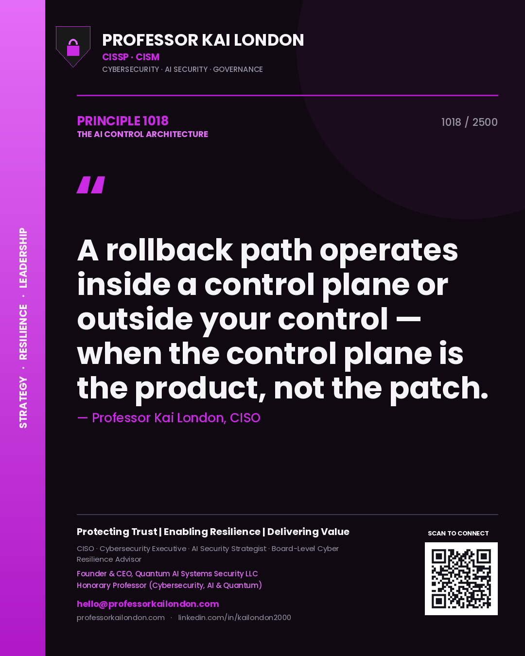Professor Kai London principle 1018: A rollback path operates inside a control plane or outside your control — when the control plane is the product, not the patch.