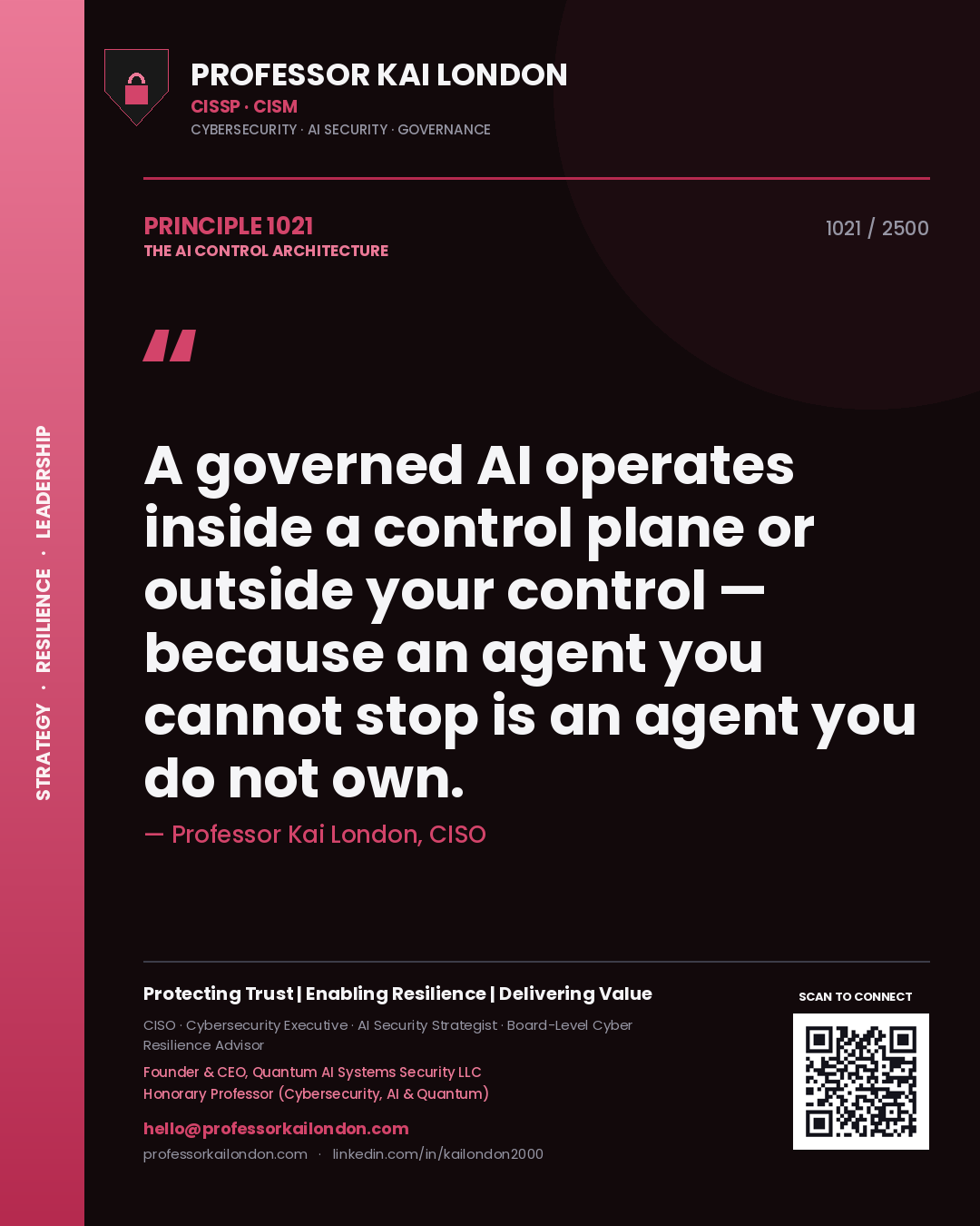 Professor Kai London principle 1021: A governed AI operates inside a control plane or outside your control — because an agent you cannot stop is an agent you do not own.
