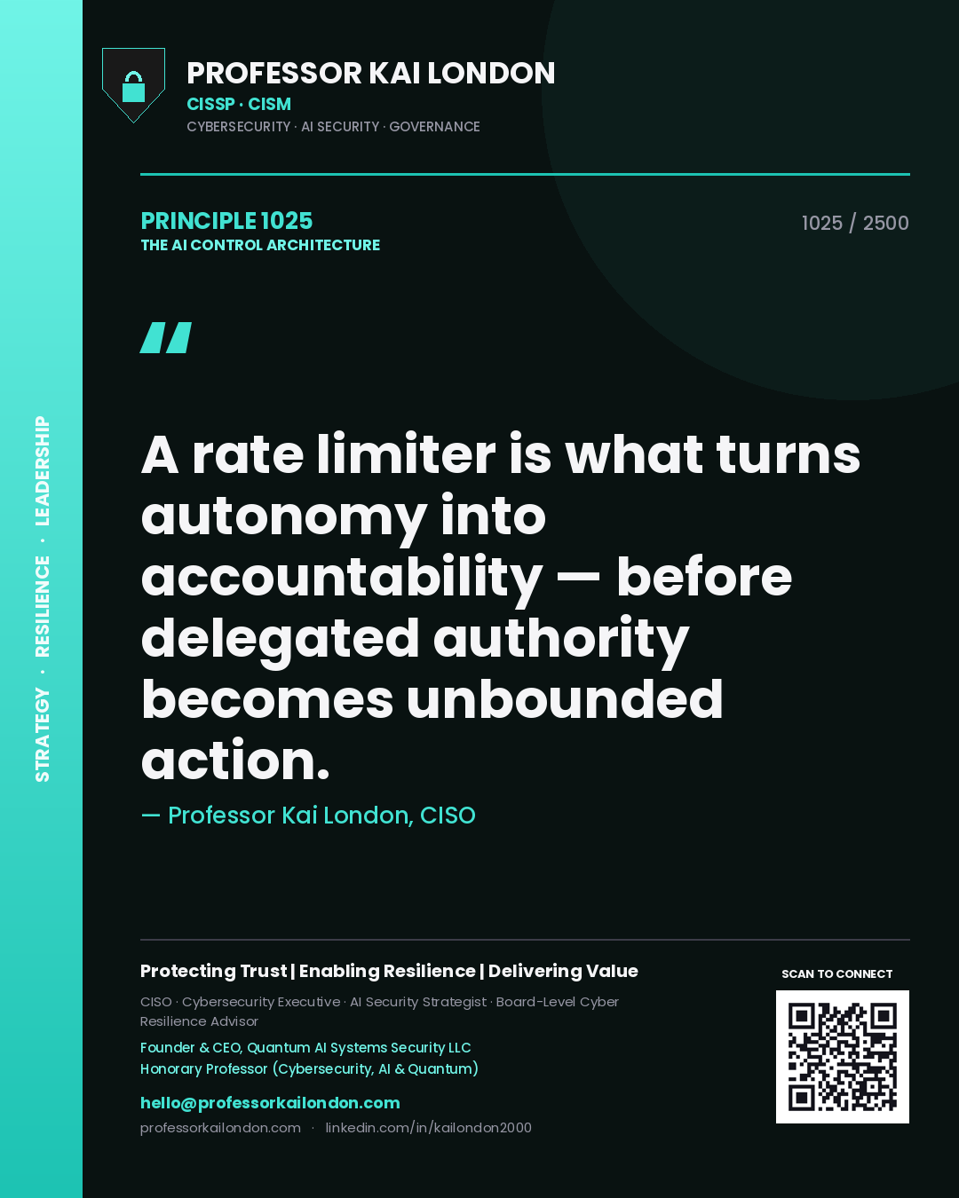 Professor Kai London principle 1025: A rate limiter is what turns autonomy into accountability — before delegated authority becomes unbounded action.