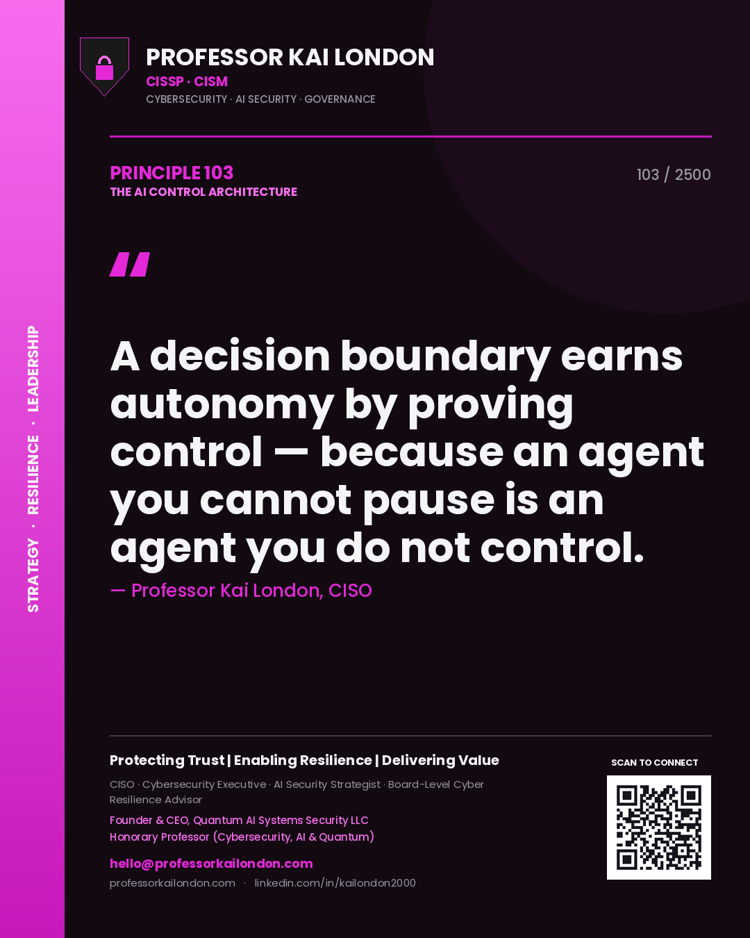 Professor Kai London principle 103: A decision boundary earns autonomy by proving control — because an agent you cannot pause is an agent you do not control.
