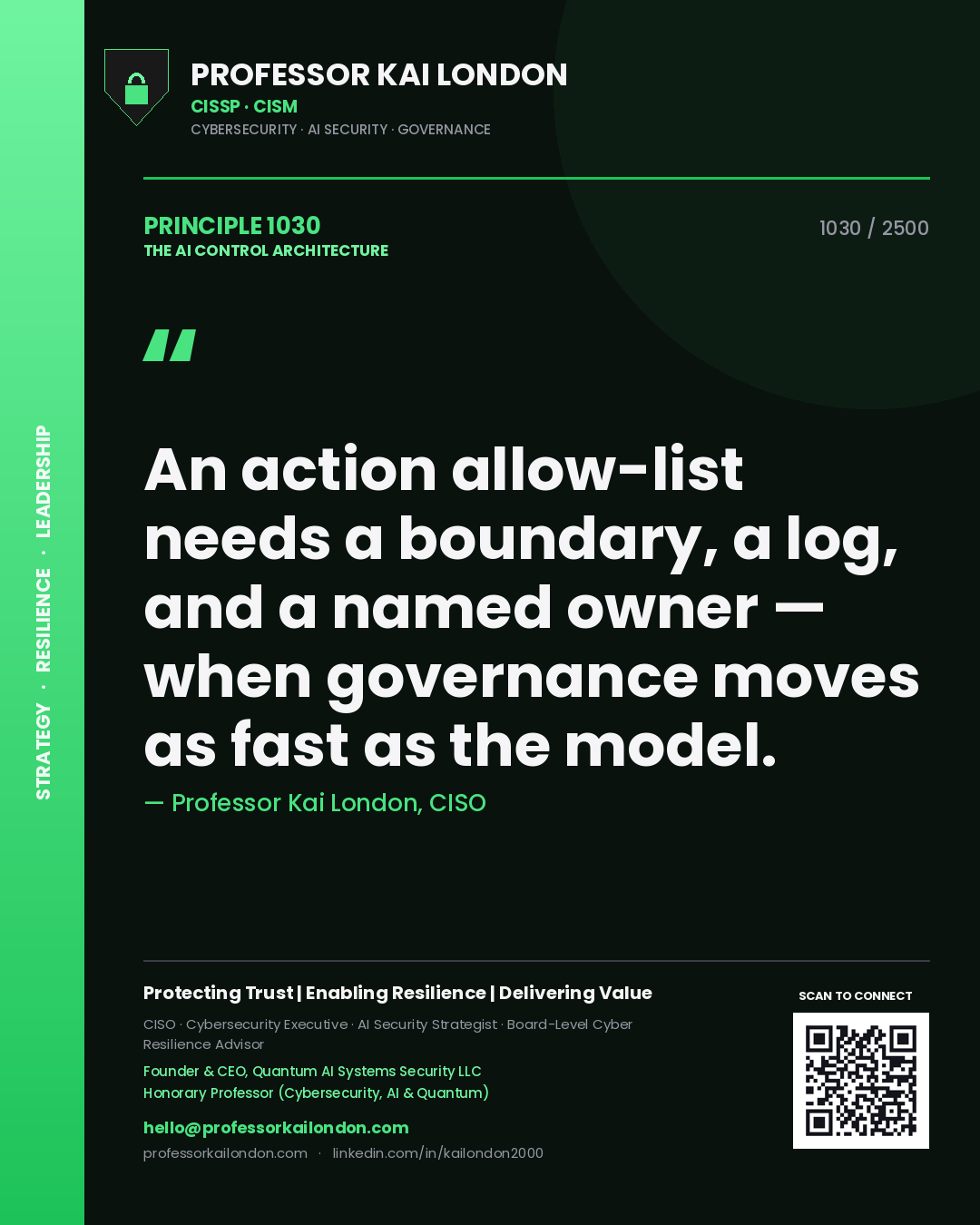 Quote card by Professor Kai London reading 'An action allow-list needs a boundary, a log, and a named owner — when governance moves as fast as the model.'. From the book The AI Control Architecture.