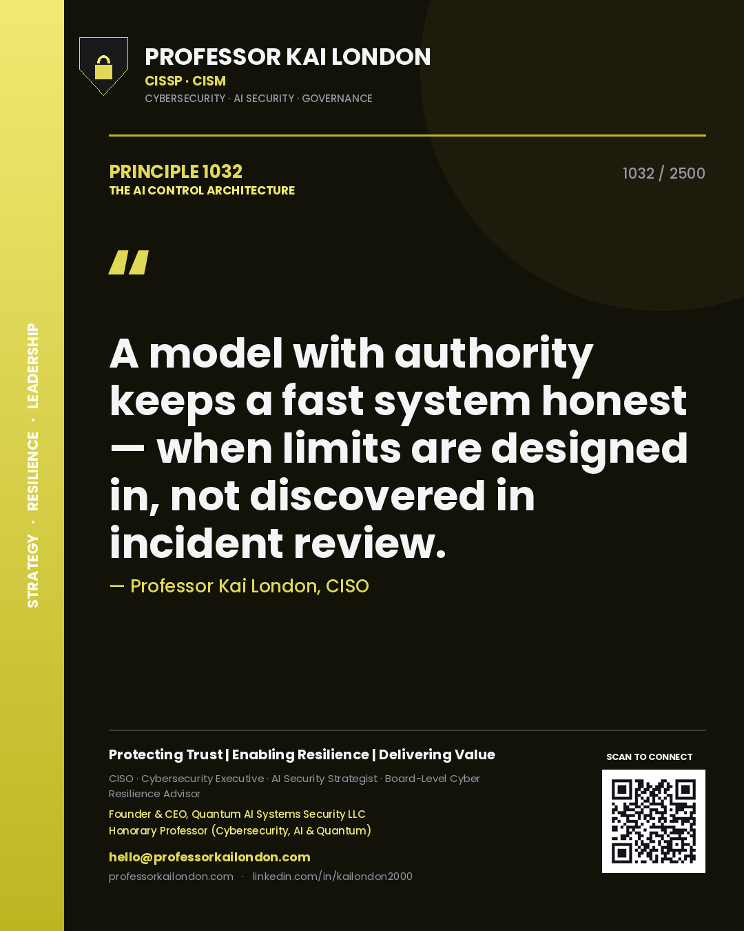 Quote card by Professor Kai London reading 'A model with authority keeps a fast system honest — when limits are designed in, not discovered in incident review.'. From the book The AI Control Architecture.