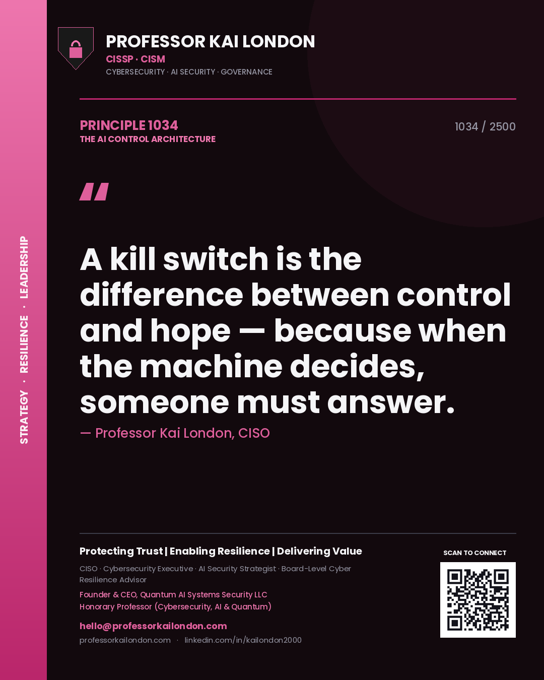 Quote card by Professor Kai London reading 'A kill switch is the difference between control and hope — because when the machine decides, someone must answer.'. From the book The AI Control Architecture.