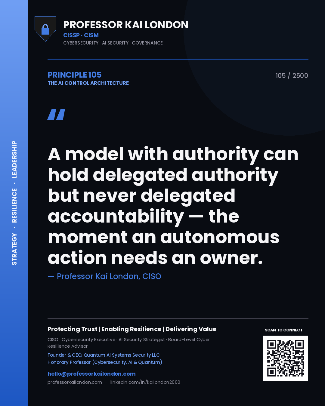 Professor Kai London principle 105: A model with authority can hold delegated authority but never delegated accountability — the moment an autonomous action needs an owner.