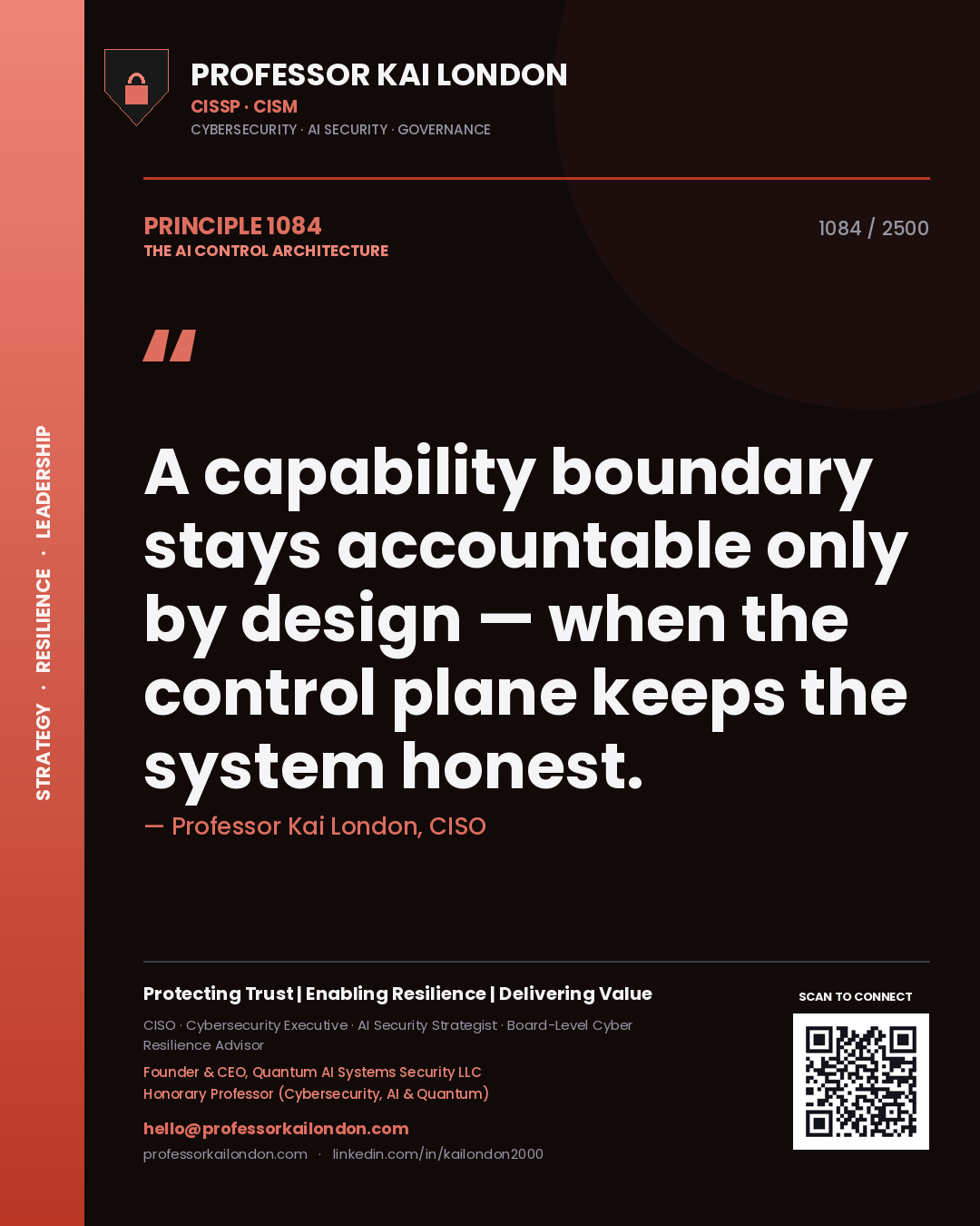 Quote card by Professor Kai London reading 'A capability boundary stays accountable only by design — when the control plane keeps the system honest.'. From the book The AI Control Architecture.