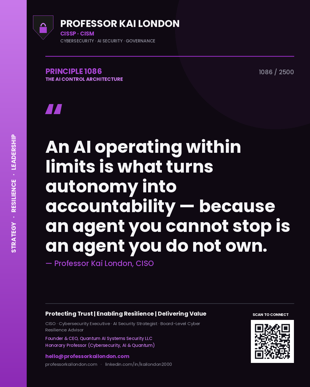 Quote card by Professor Kai London reading 'An AI operating within limits is what turns autonomy into accountability — because an agent you cannot stop is an agent you do not own.'. From the book The AI Control Architecture.