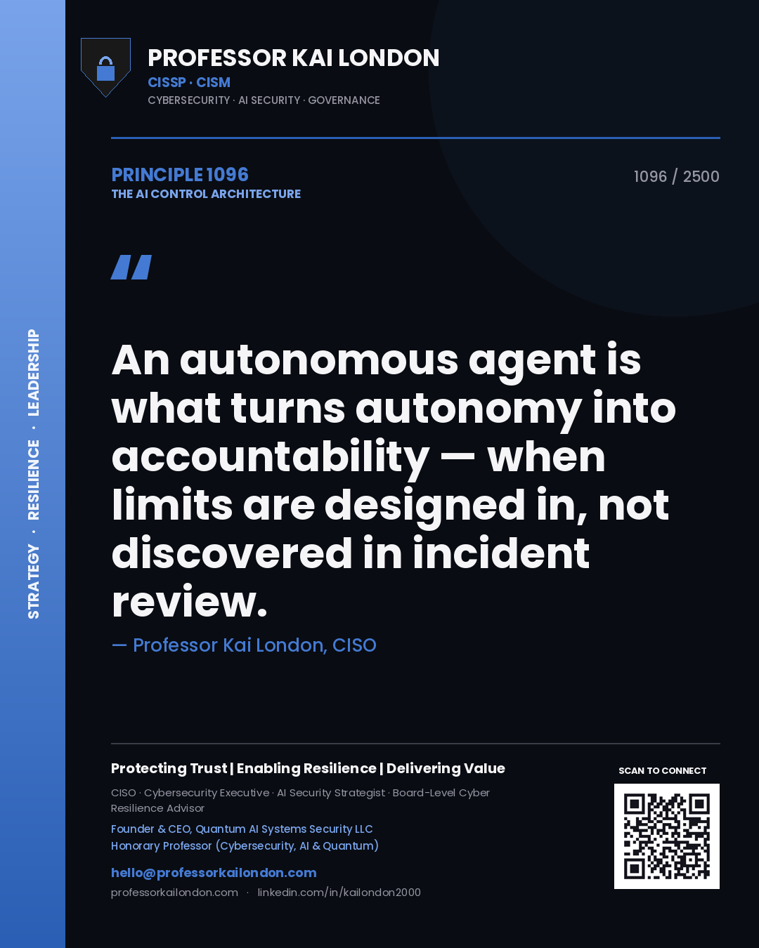 Quote card by Professor Kai London reading 'An autonomous agent is what turns autonomy into accountability — when limits are designed in, not discovered in incident review.'. From the book The AI Control Architecture.