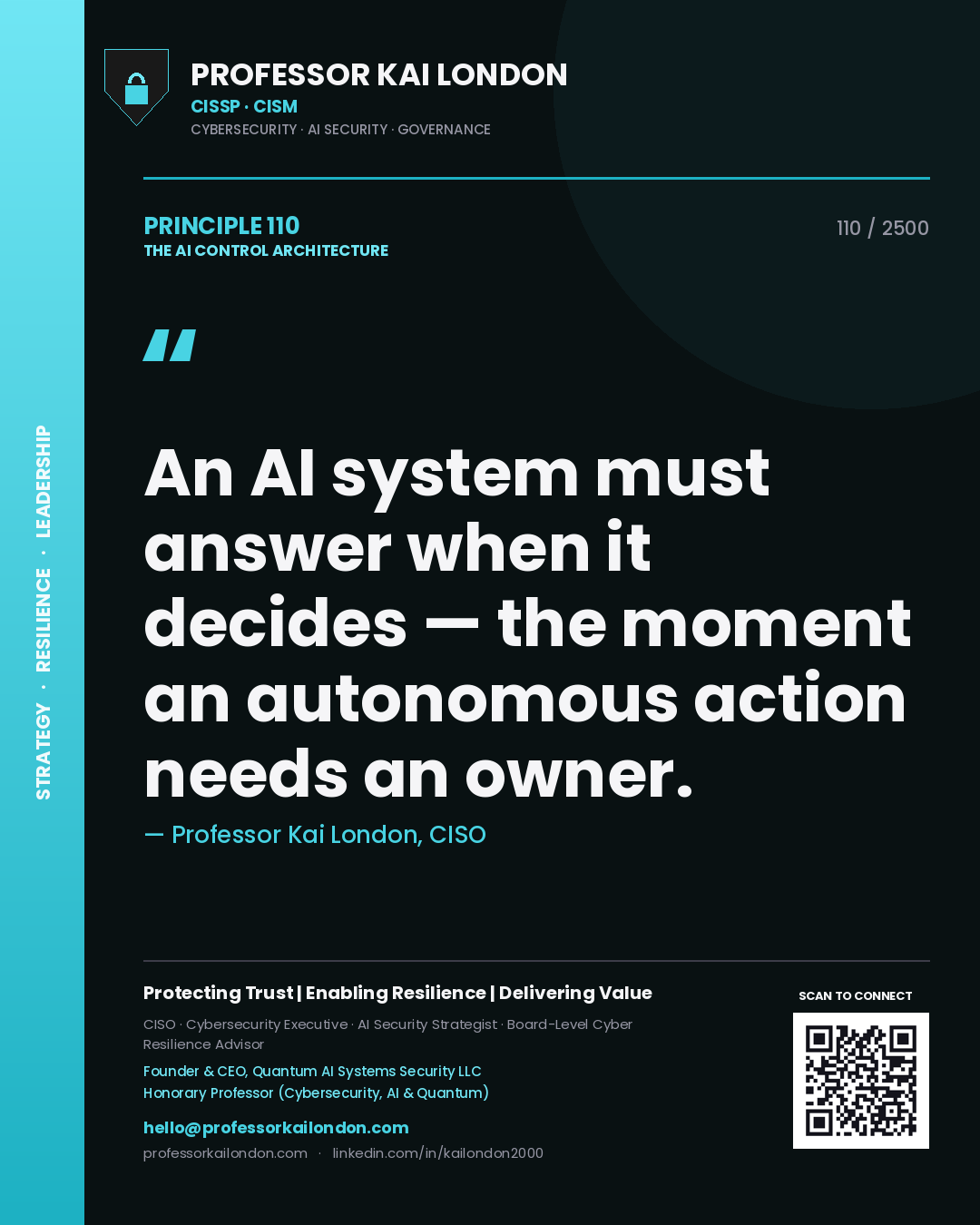 Professor Kai London principle 110: An AI system must answer when it decides — the moment an autonomous action needs an owner.