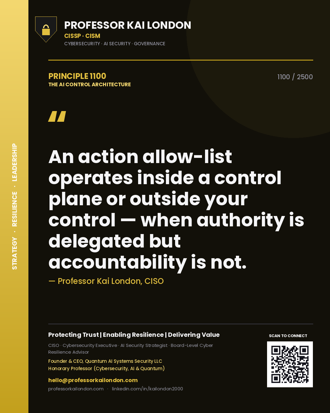 Quote card by Professor Kai London reading 'An action allow-list operates inside a control plane or outside your control — when authority is delegated but accountability is not.'. From the book The AI Control Architecture.