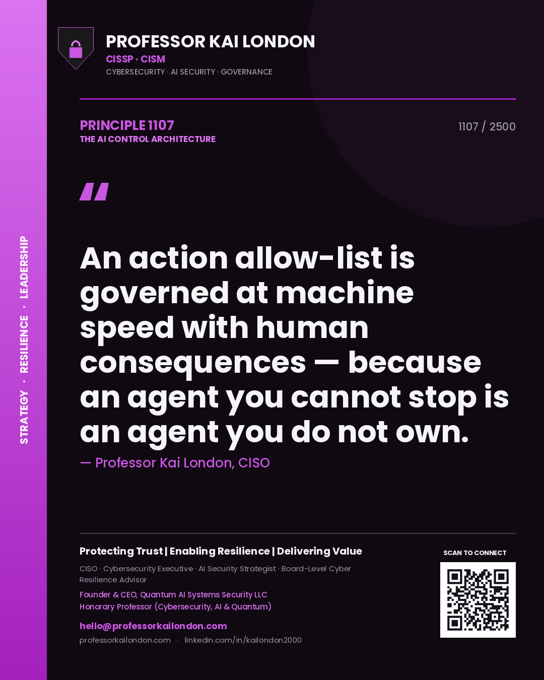 Professor Kai London principle 1107: An action allow-list is governed at machine speed with human consequences — because an agent you cannot stop is an agent you do not own.