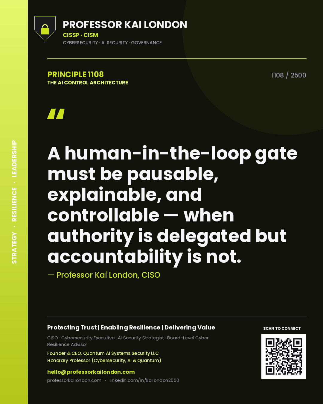 Professor Kai London principle 1108: A human-in-the-loop gate must be pausable, explainable, and controllable — when authority is delegated but accountability is not.