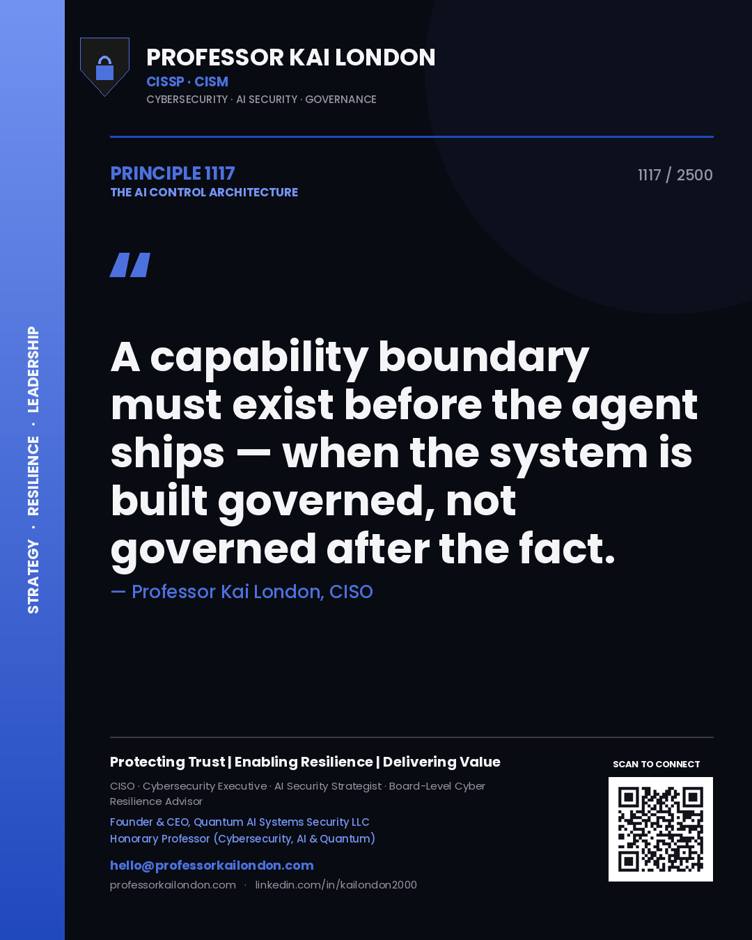 Professor Kai London principle 1117: A capability boundary must exist before the agent ships — when the system is built governed, not governed after the fact.