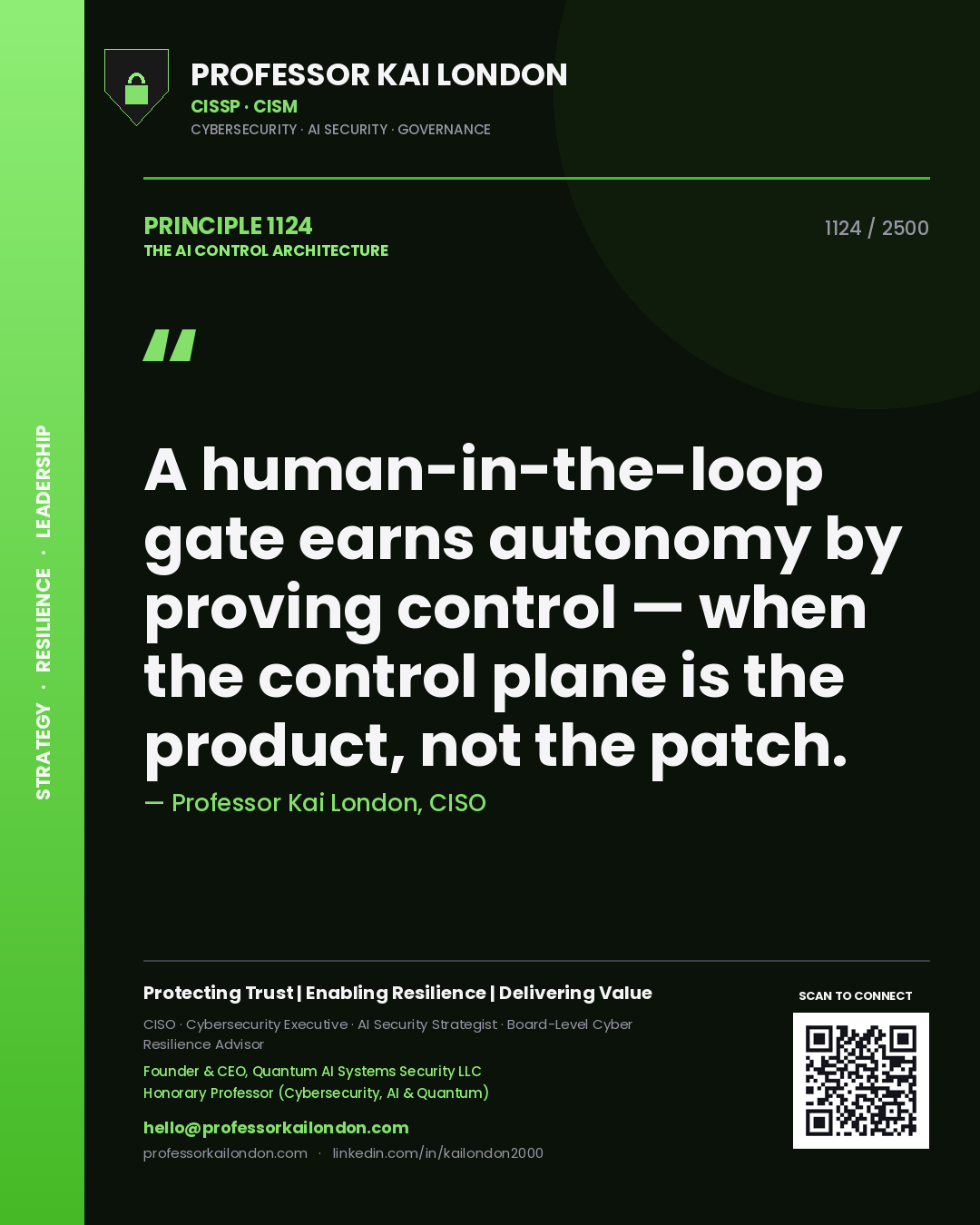 Professor Kai London principle 1124: A human-in-the-loop gate earns autonomy by proving control — when the control plane is the product, not the patch.