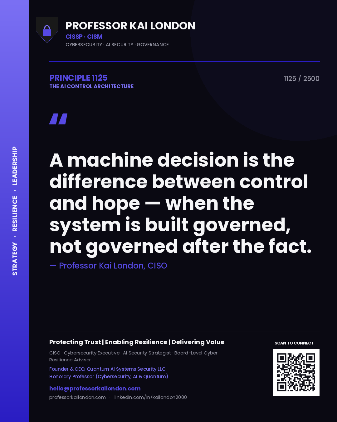 Professor Kai London principle 1125: A machine decision is the difference between control and hope — when the system is built governed, not governed after the fact.