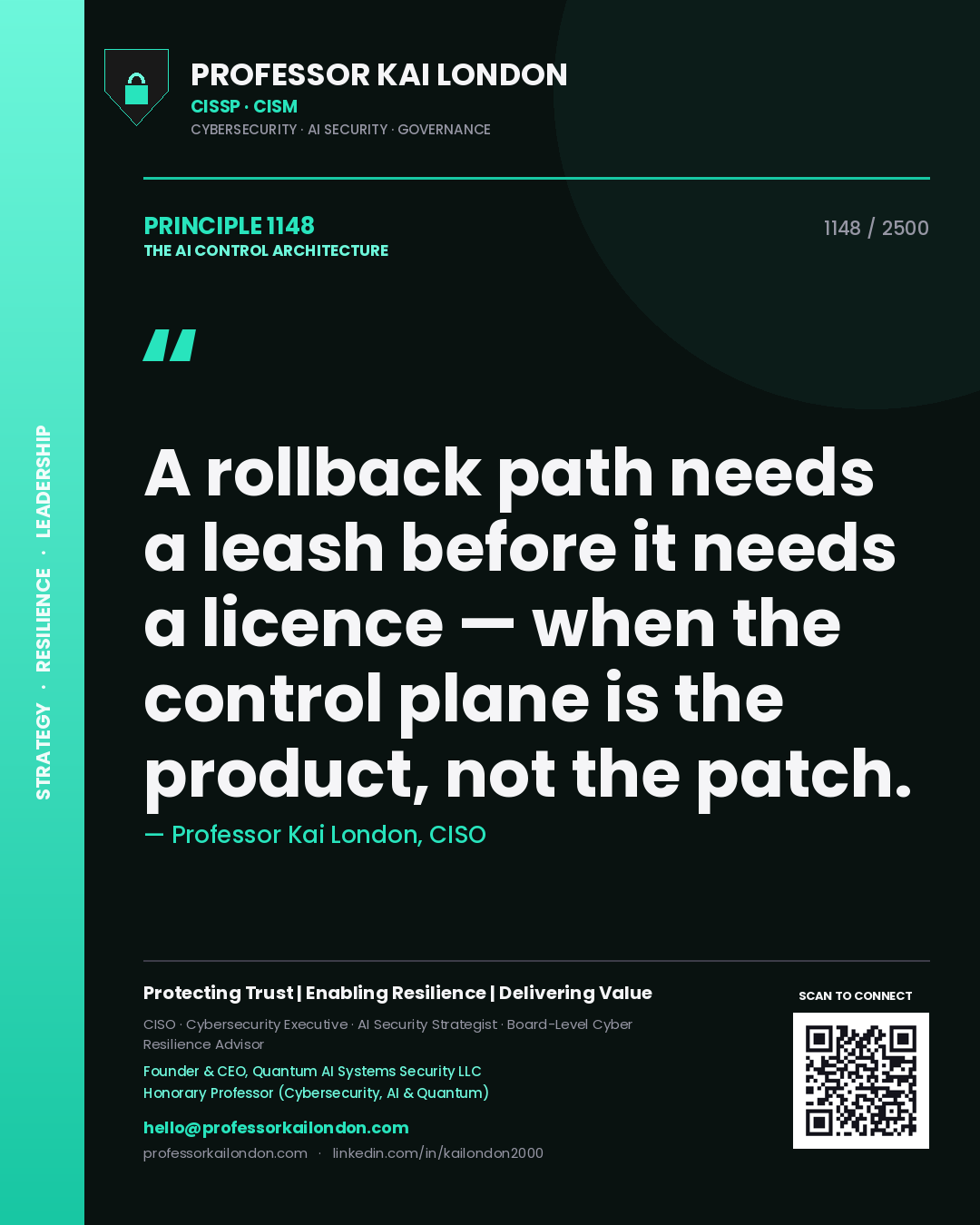 Quote card by Professor Kai London reading 'A rollback path needs a leash before it needs a licence — when the control plane is the product, not the patch.'. From the book The AI Control Architecture.