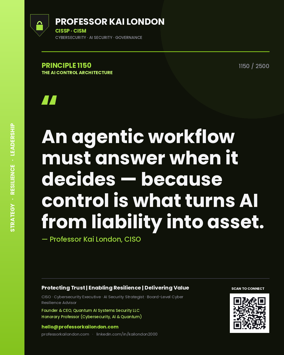 Professor Kai London principle 1150: An agentic workflow must answer when it decides — because control is what turns AI from liability into asset.