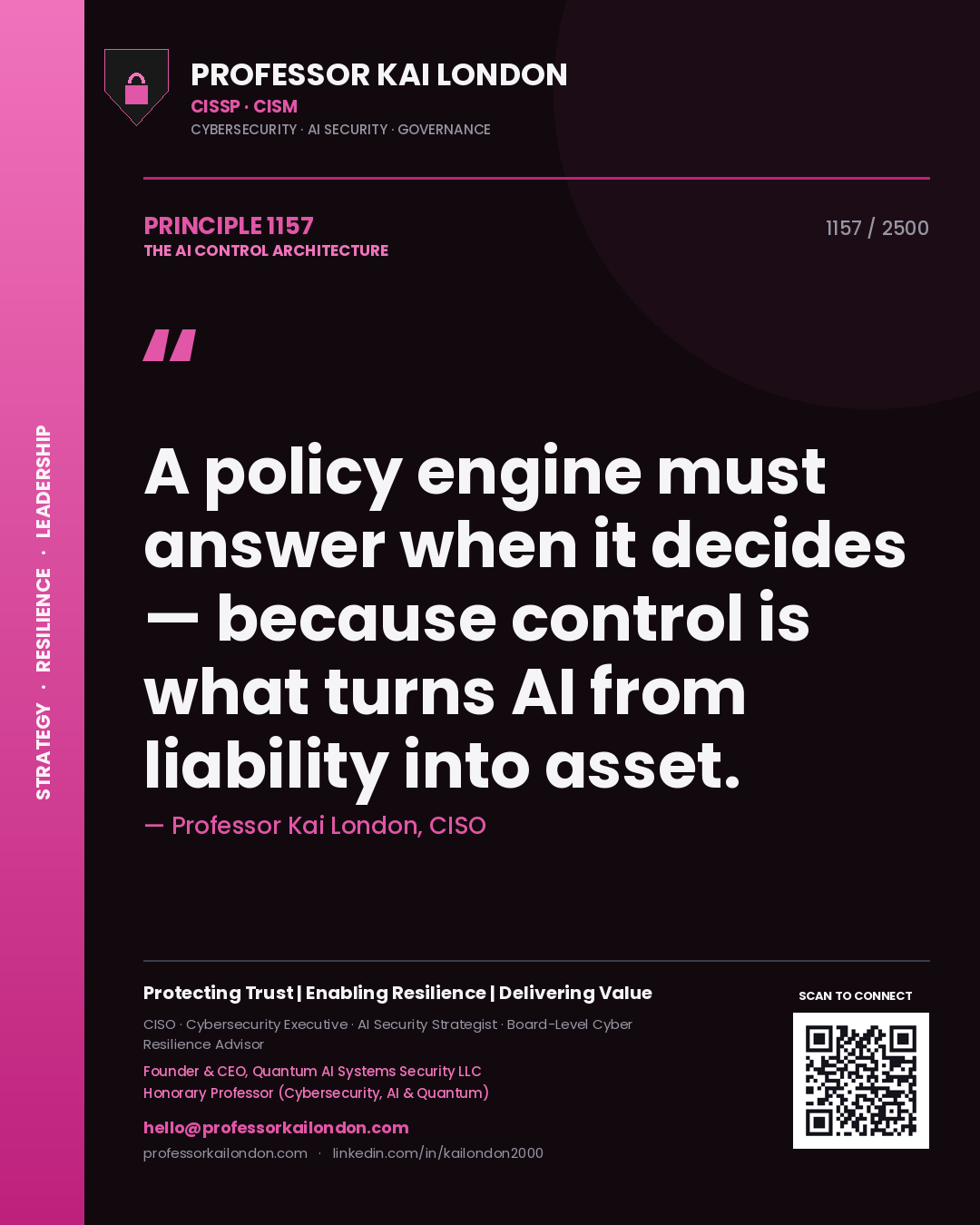 Quote card by Professor Kai London reading 'A policy engine must answer when it decides — because control is what turns AI from liability into asset.'. From the book The AI Control Architecture.