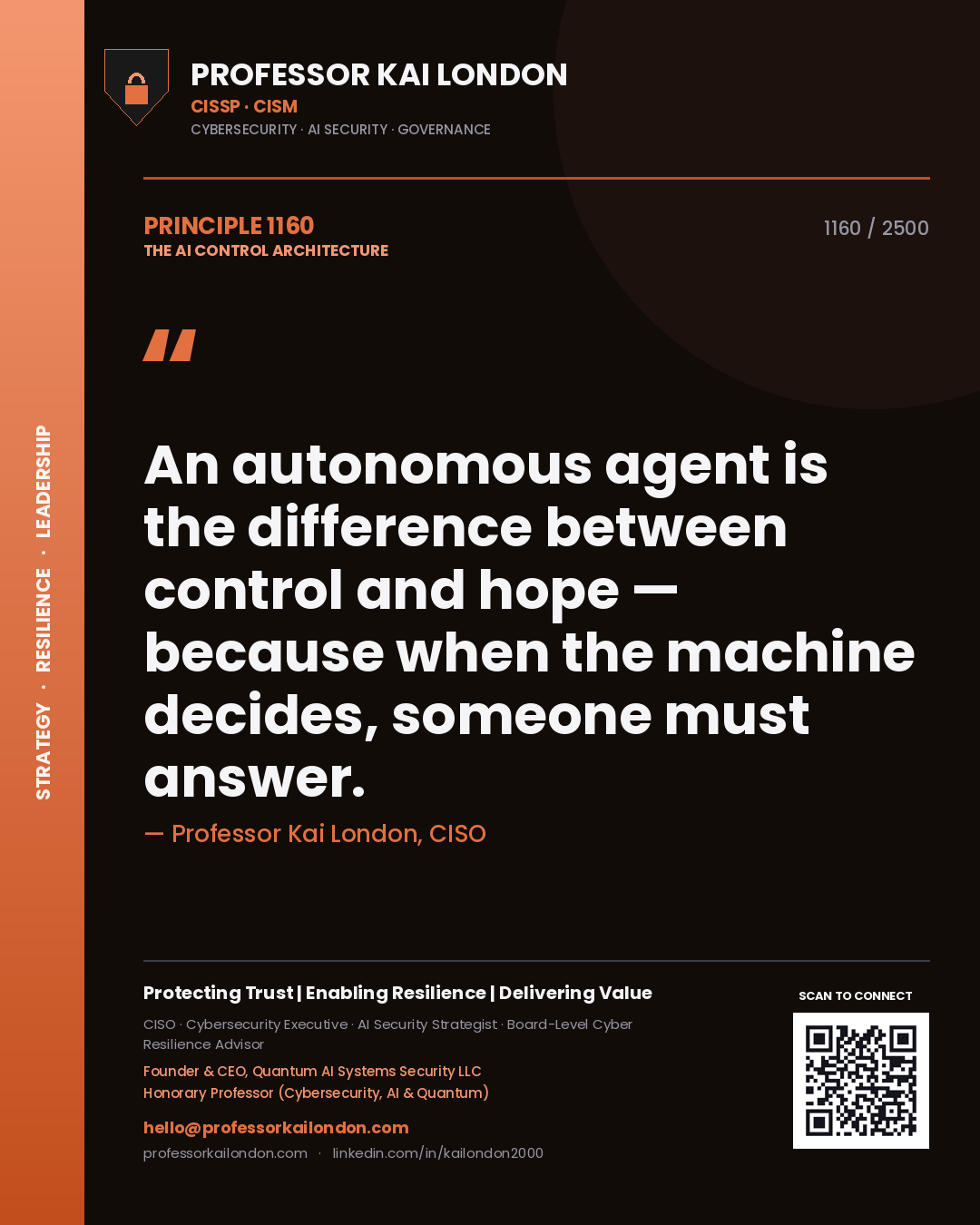Quote card by Professor Kai London reading 'An autonomous agent is the difference between control and hope — because when the machine decides, someone must answer.'. From the book The AI Control Architecture.
