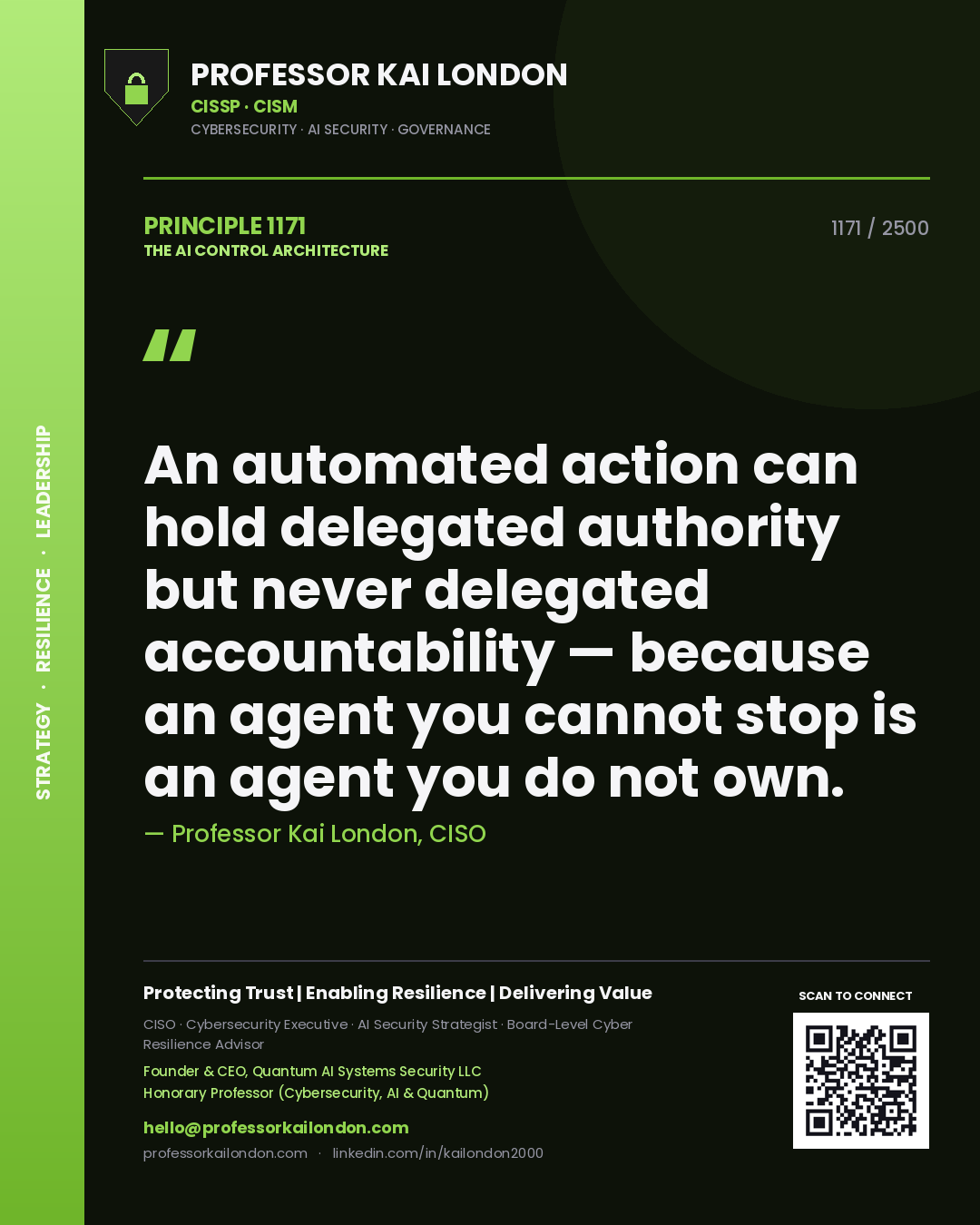 Professor Kai London principle 1171: An automated action can hold delegated authority but never delegated accountability — because an agent you cannot stop is an agent you do not own.