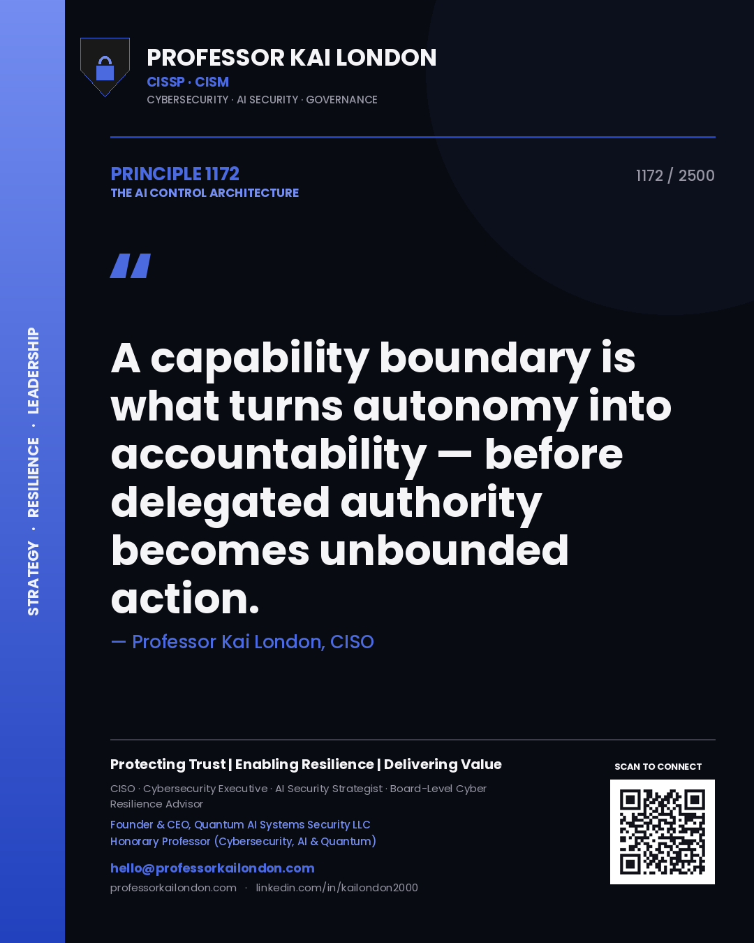 Professor Kai London principle 1172: A capability boundary is what turns autonomy into accountability — before delegated authority becomes unbounded action.