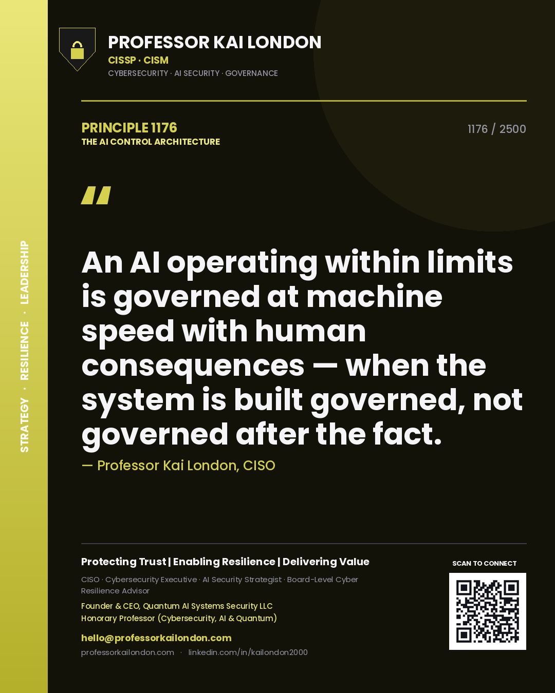 Professor Kai London principle 1176: An AI operating within limits is governed at machine speed with human consequences — when the system is built governed, not governed after the fact.