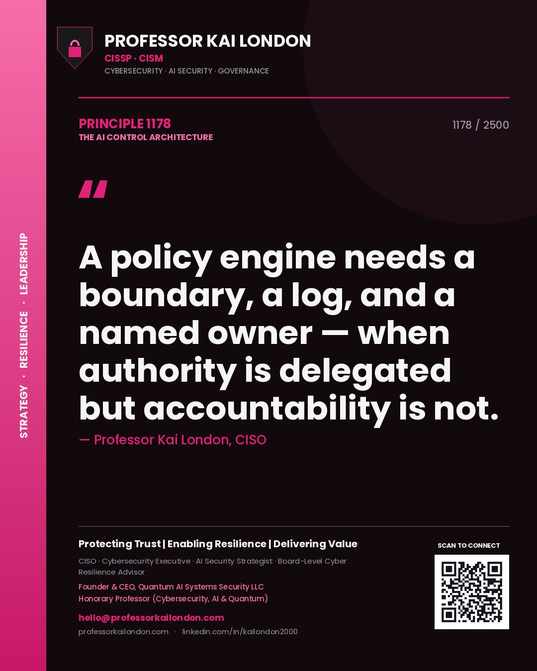 Professor Kai London principle 1178: A policy engine needs a boundary, a log, and a named owner — when authority is delegated but accountability is not.