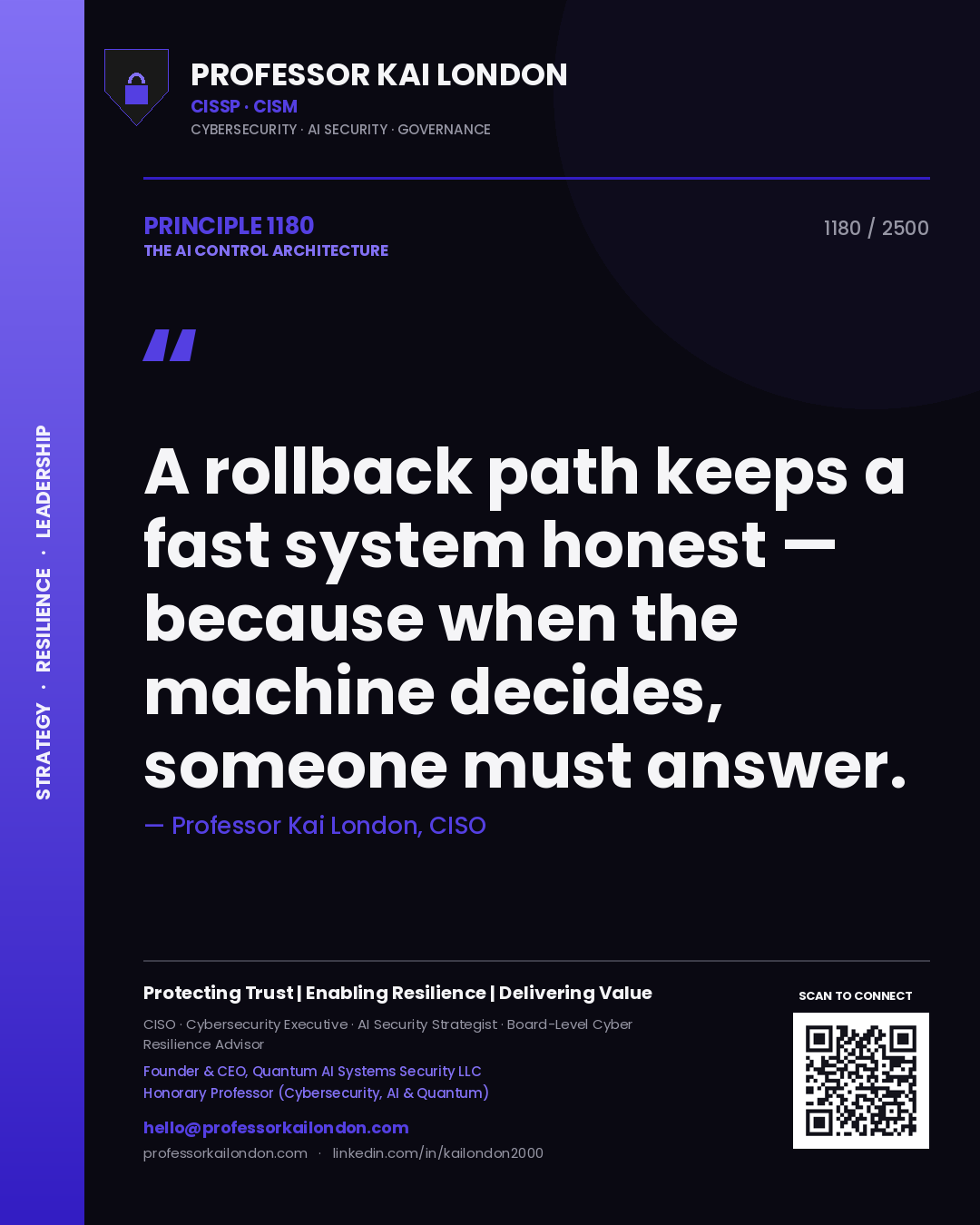 Professor Kai London principle 1180: A rollback path keeps a fast system honest — because when the machine decides, someone must answer.