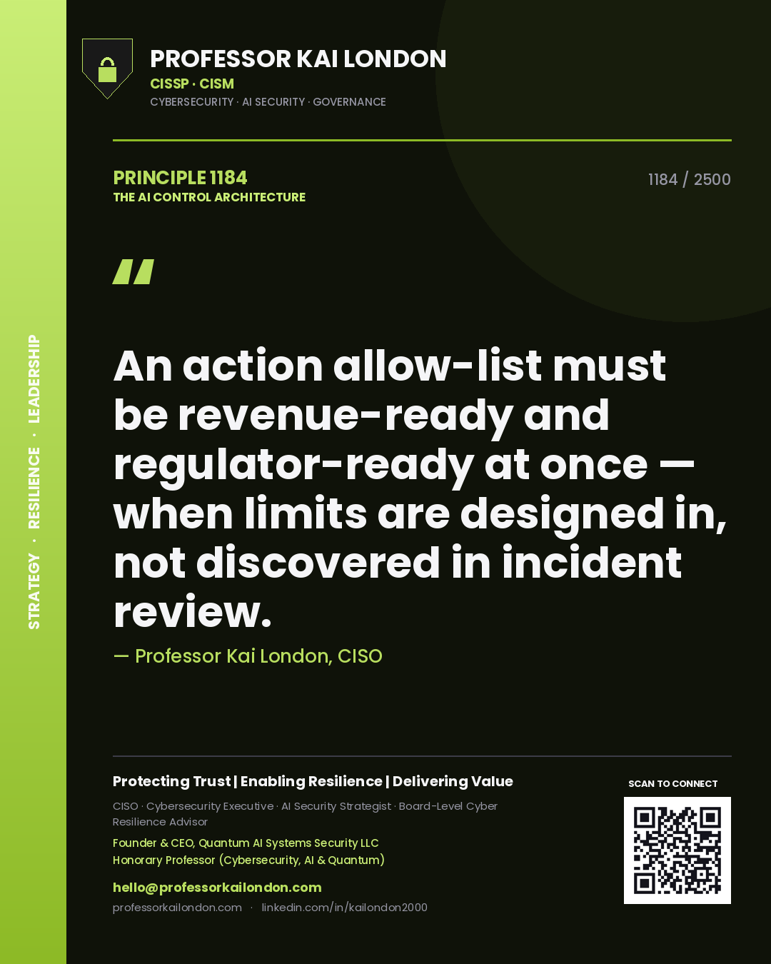 Quote card by Professor Kai London reading 'An action allow-list must be revenue-ready and regulator-ready at once — when limits are designed in, not discovered in incident review.'. From the book The AI Control Architecture.