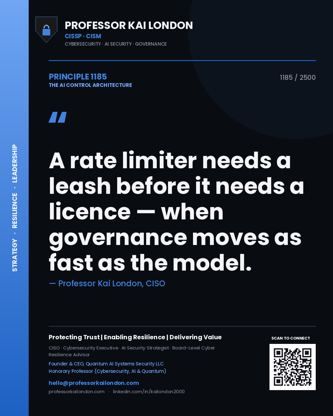 Professor Kai London principle 1185: A rate limiter needs a leash before it needs a licence — when governance moves as fast as the model.