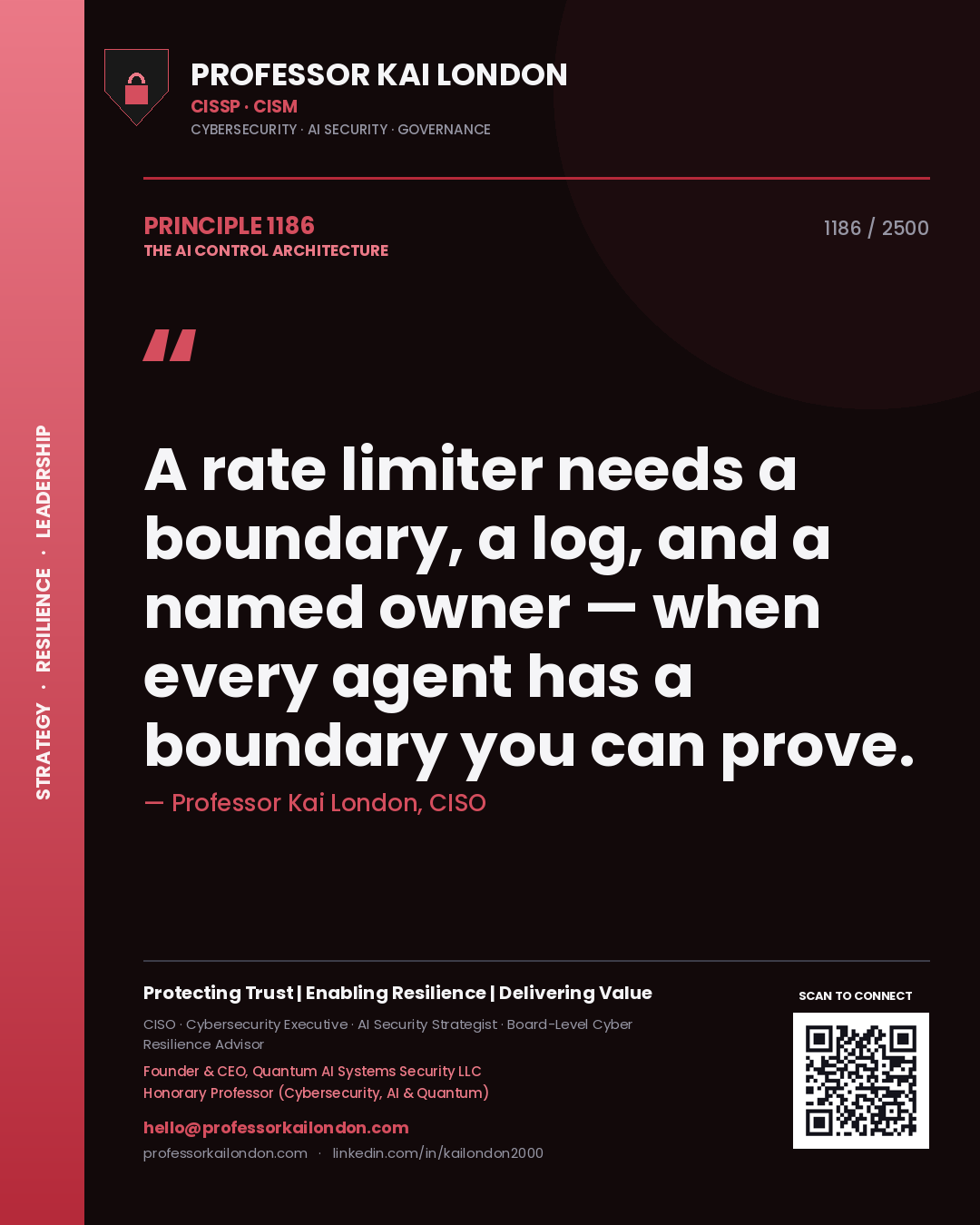 Professor Kai London principle 1186: A rate limiter needs a boundary, a log, and a named owner — when every agent has a boundary you can prove.