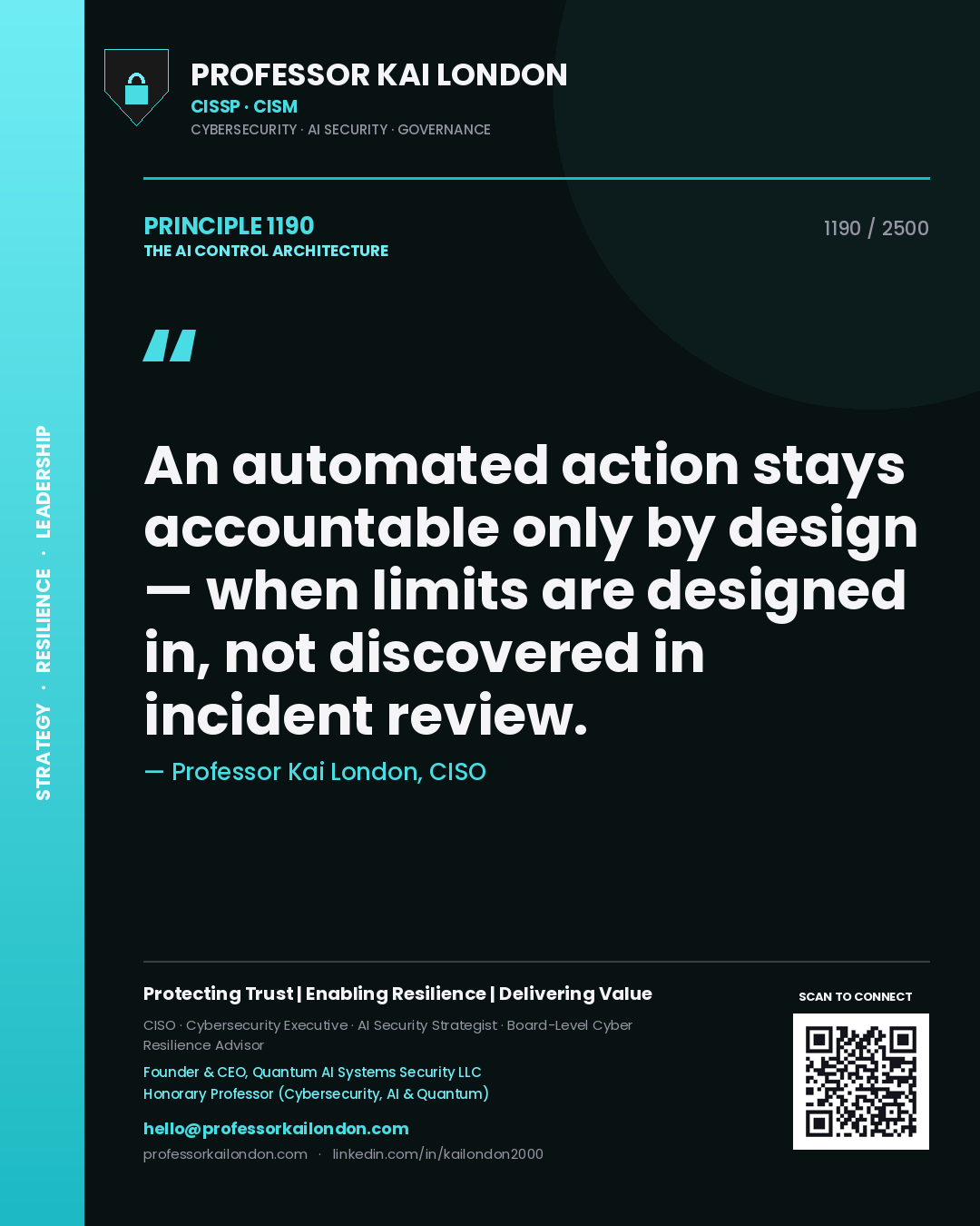 Quote card by Professor Kai London reading 'An automated action stays accountable only by design — when limits are designed in, not discovered in incident review.'. From the book The AI Control Architecture.