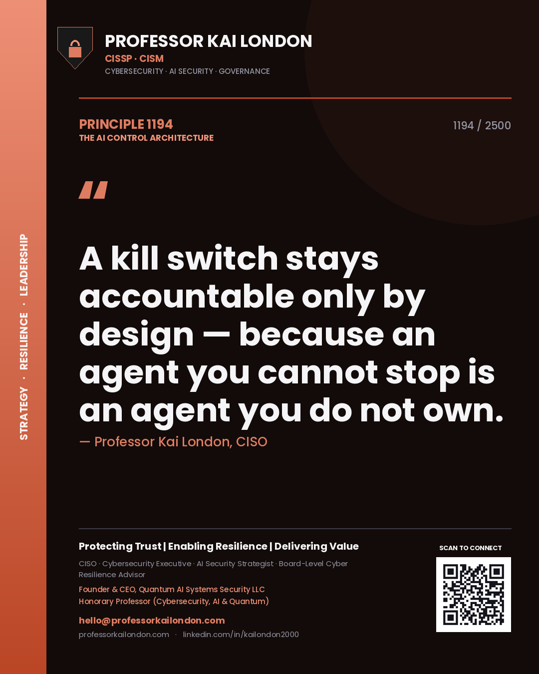 Quote card by Professor Kai London reading 'A kill switch stays accountable only by design — because an agent you cannot stop is an agent you do not own.'. From the book The AI Control Architecture.