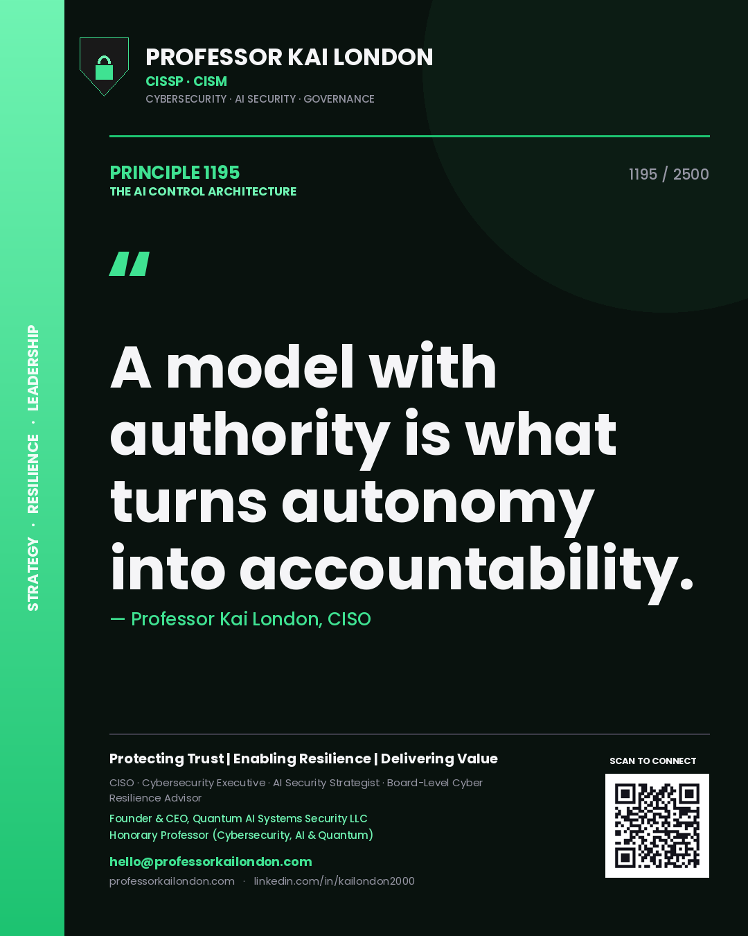 Quote card by Professor Kai London reading 'A model with authority is what turns autonomy into accountability.'. From the book The AI Control Architecture.