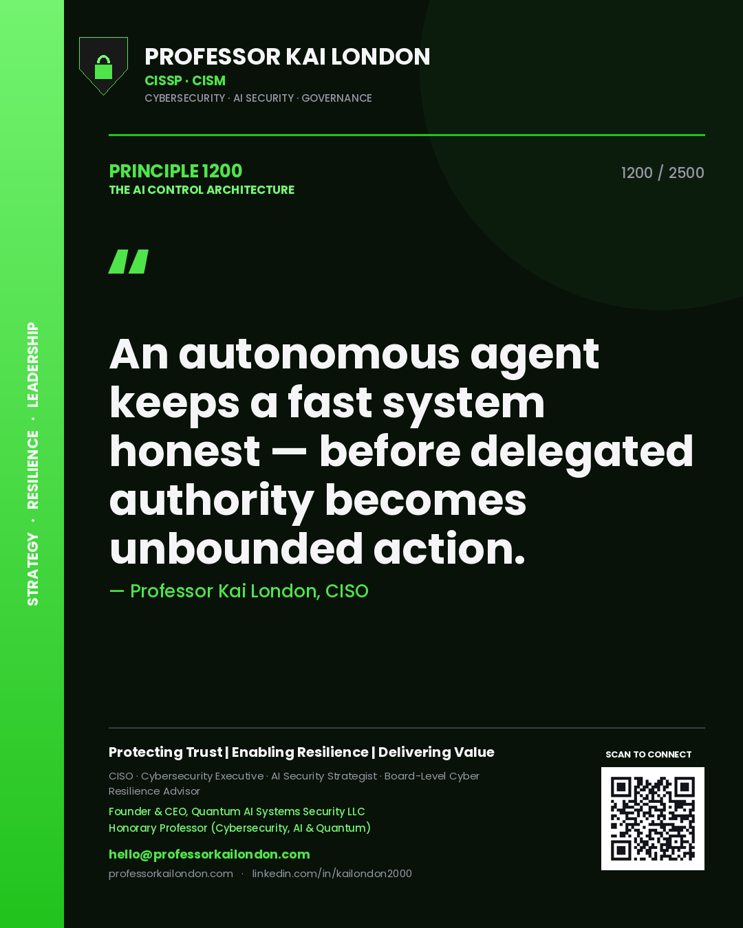 Professor Kai London principle 1200: An autonomous agent keeps a fast system honest — before delegated authority becomes unbounded action.