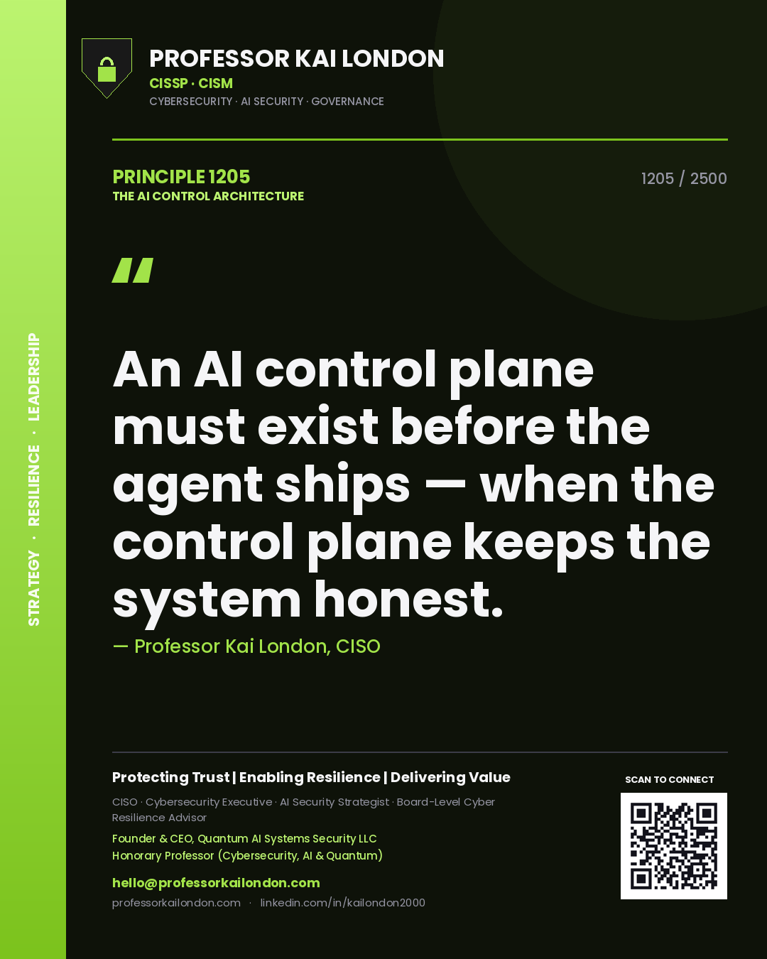 Quote card by Professor Kai London reading 'An AI control plane must exist before the agent ships — when the control plane keeps the system honest.'. From the book The AI Control Architecture.