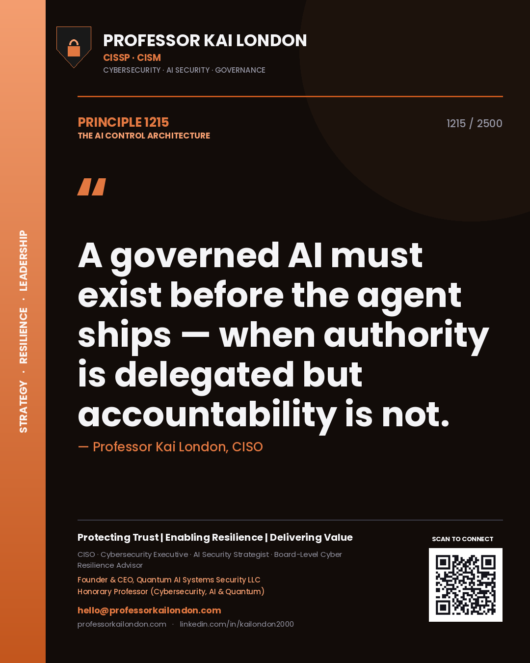 Professor Kai London principle 1215: A governed AI must exist before the agent ships — when authority is delegated but accountability is not.