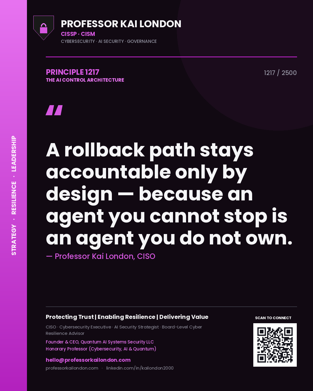 Quote card by Professor Kai London reading 'A rollback path stays accountable only by design — because an agent you cannot stop is an agent you do not own.'. From the book The AI Control Architecture.