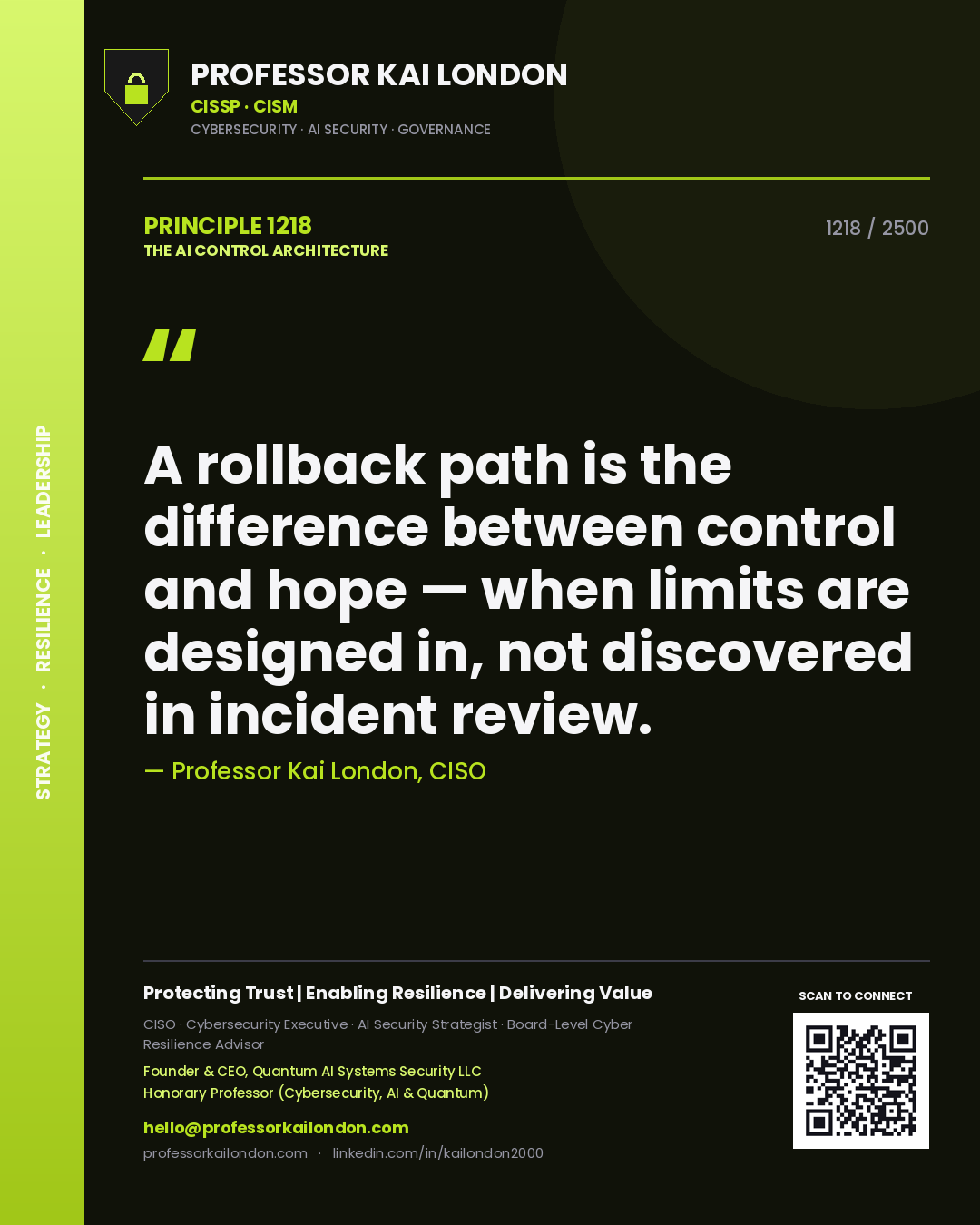 Quote card by Professor Kai London reading 'A rollback path is the difference between control and hope — when limits are designed in, not discovered in incident review.'. From the book The AI Control Architecture.
