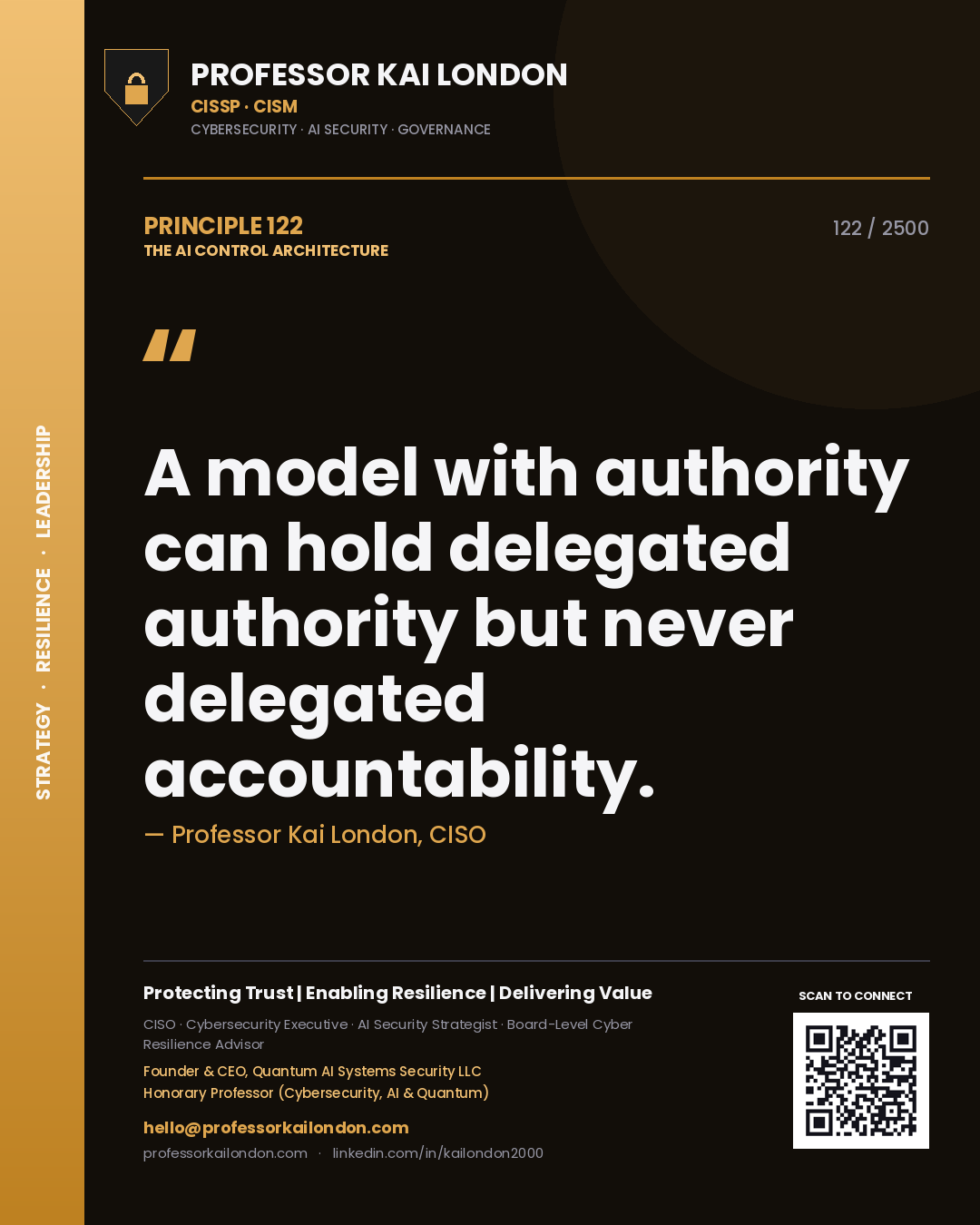 Professor Kai London principle 122: A model with authority can hold delegated authority but never delegated accountability.