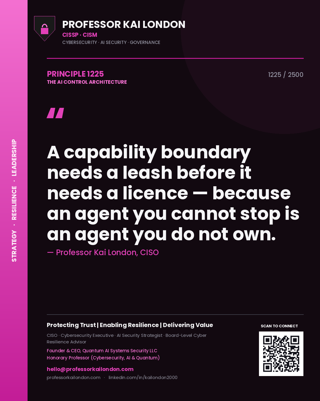 Professor Kai London principle 1225: A capability boundary needs a leash before it needs a licence — because an agent you cannot stop is an agent you do not own.