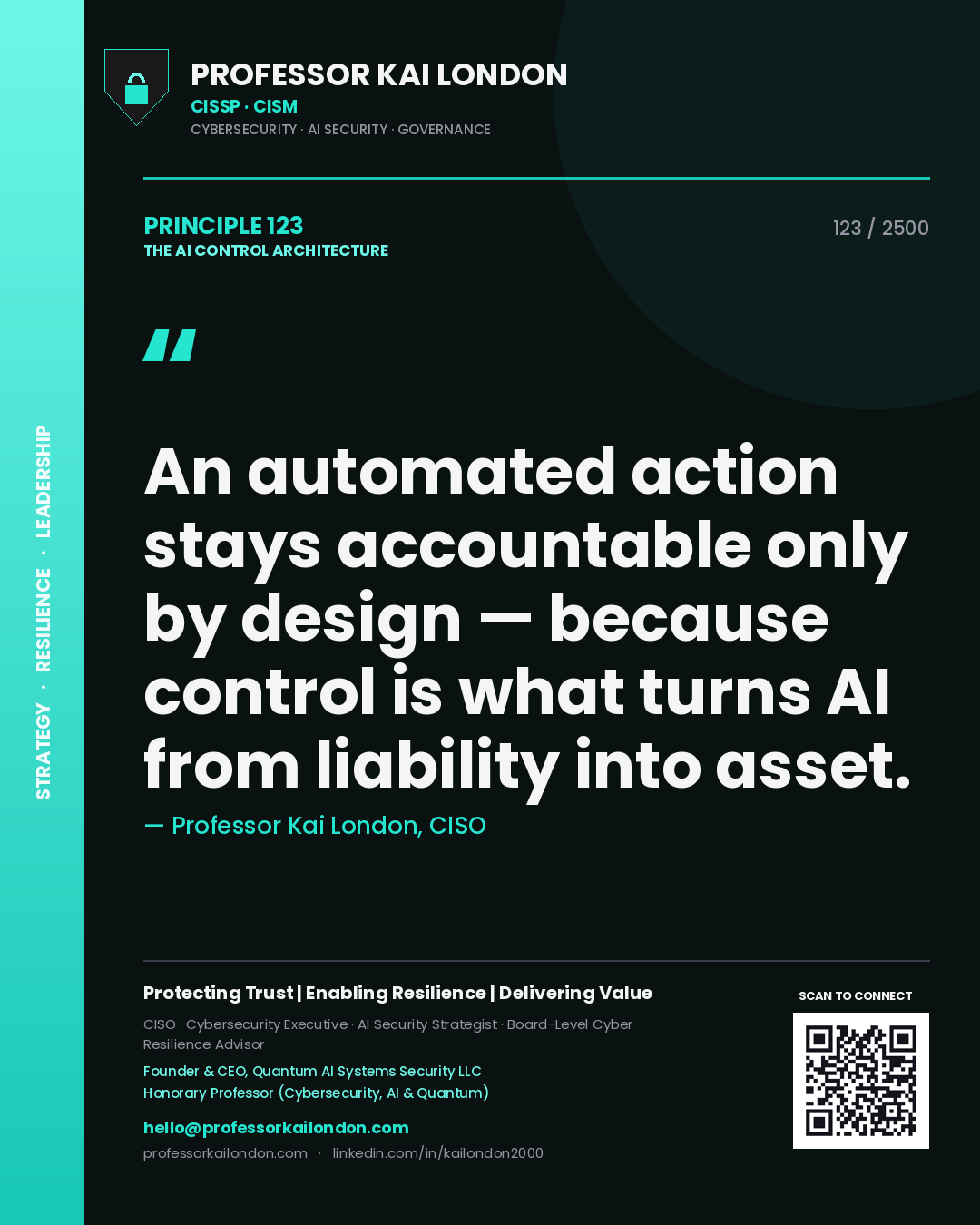 Professor Kai London principle 123: An automated action stays accountable only by design — because control is what turns AI from liability into asset.