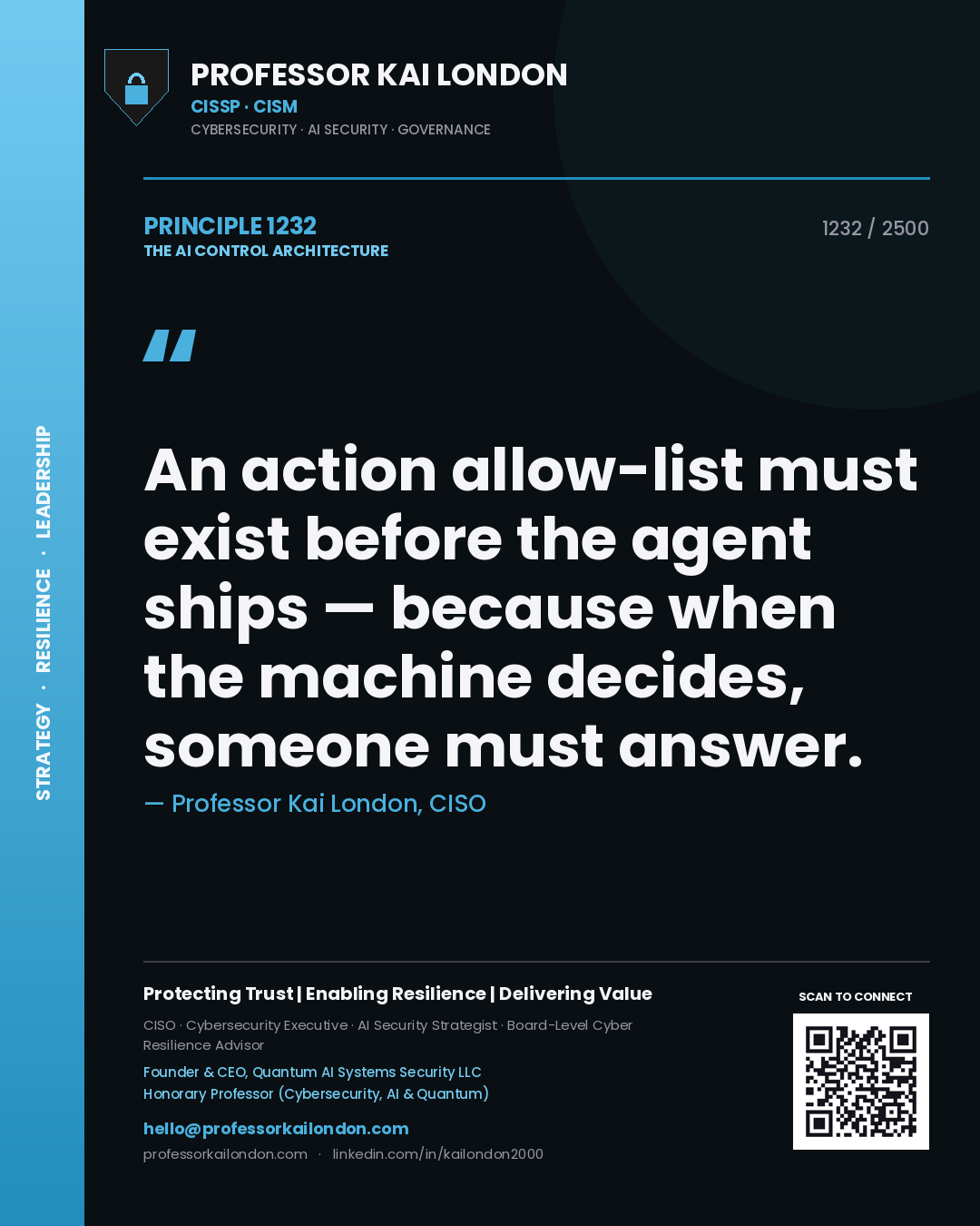 Professor Kai London principle 1232: An action allow-list must exist before the agent ships — because when the machine decides, someone must answer.
