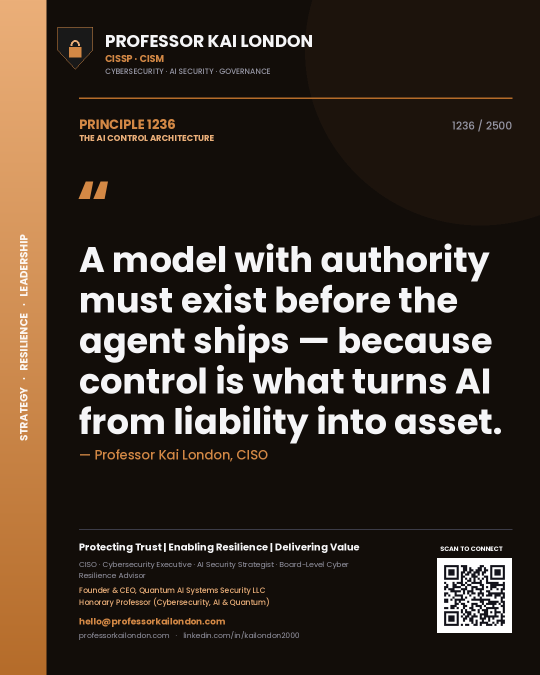 Professor Kai London principle 1236: A model with authority must exist before the agent ships — because control is what turns AI from liability into asset.