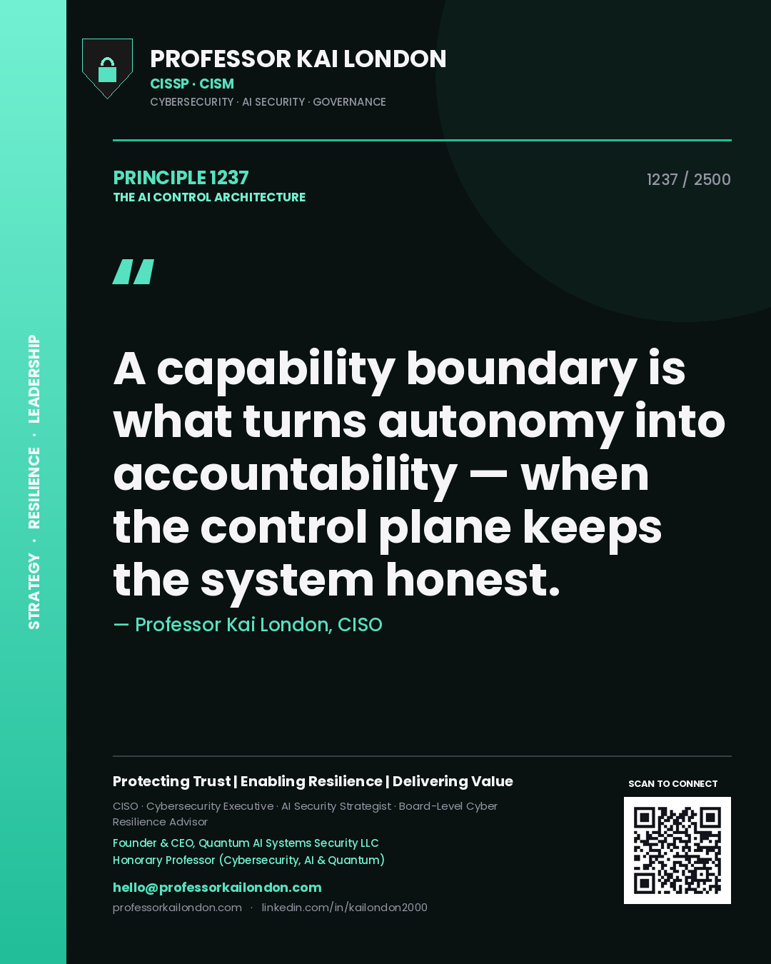Professor Kai London principle 1237: A capability boundary is what turns autonomy into accountability — when the control plane keeps the system honest.