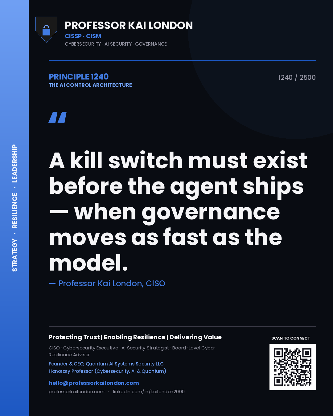 Quote card by Professor Kai London reading 'A kill switch must exist before the agent ships — when governance moves as fast as the model.'. From the book The AI Control Architecture.