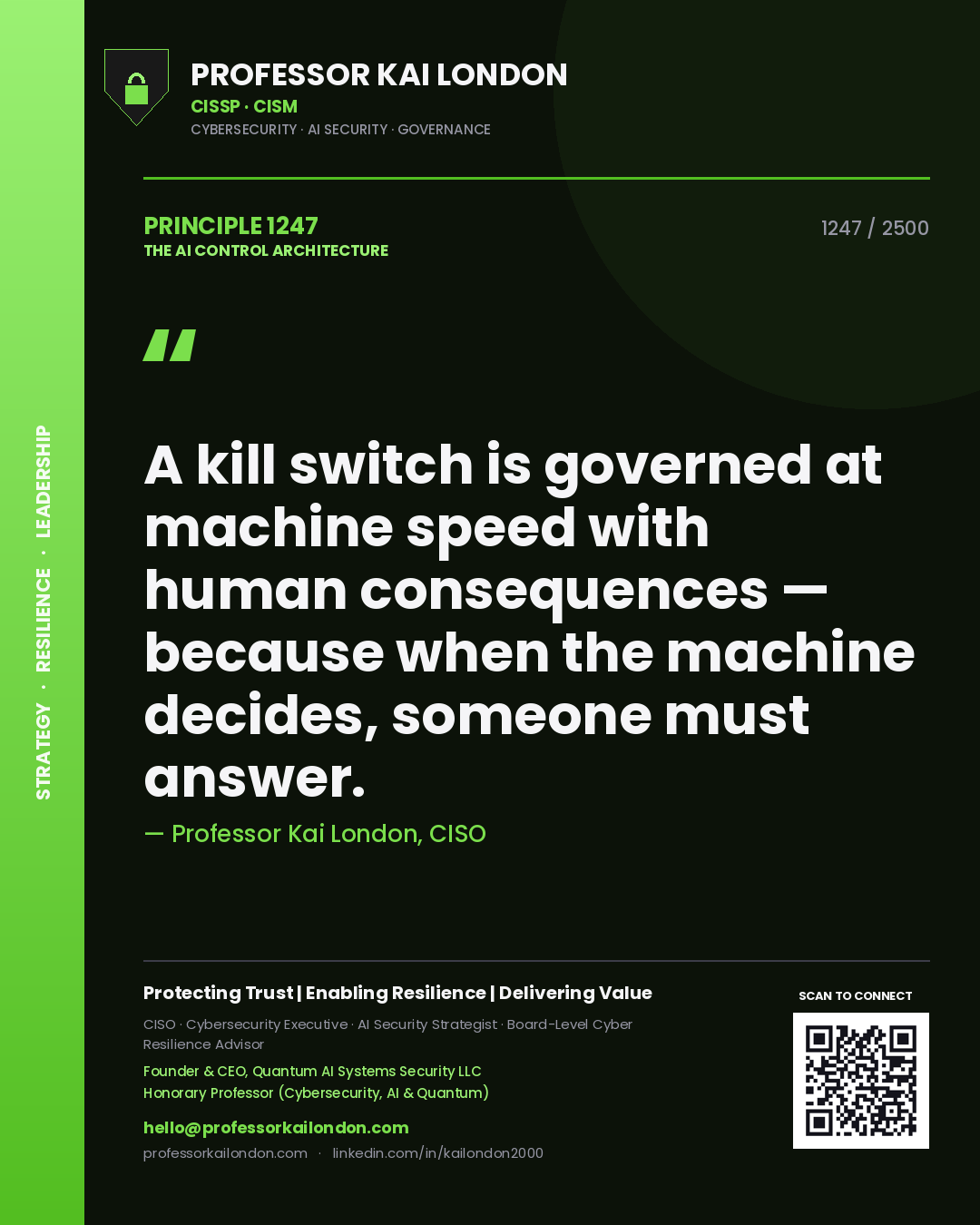 Quote card by Professor Kai London reading 'A kill switch is governed at machine speed with human consequences — because when the machine decides, someone must answer.'. From the book The AI Control Architecture.