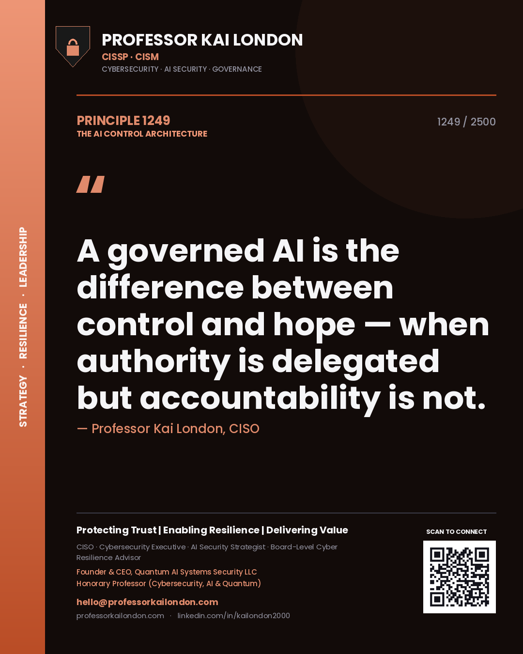 Professor Kai London principle 1249: A governed AI is the difference between control and hope — when authority is delegated but accountability is not.