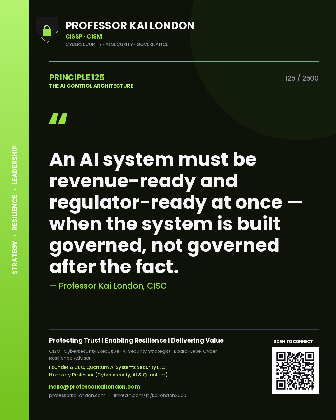 Quote card by Professor Kai London reading 'An AI system must be revenue-ready and regulator-ready at once — when the system is built governed, not governed after the fact.'. From the book The AI Control Architecture.