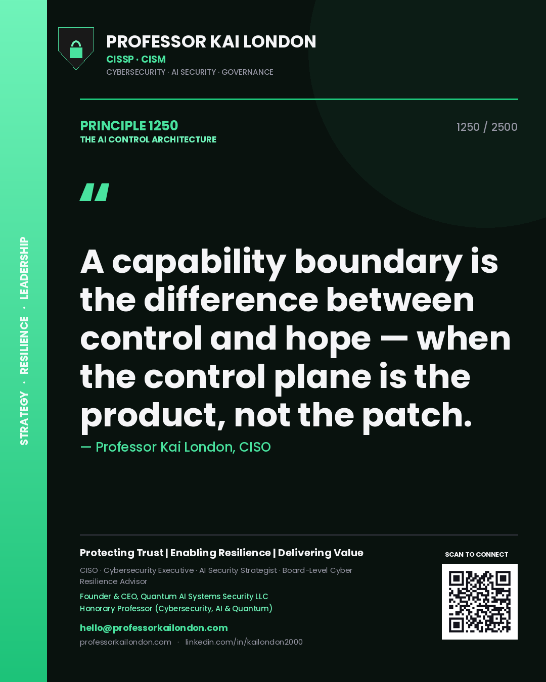 Quote card by Professor Kai London reading 'A capability boundary is the difference between control and hope — when the control plane is the product, not the patch.'. From the book The AI Control Architecture.