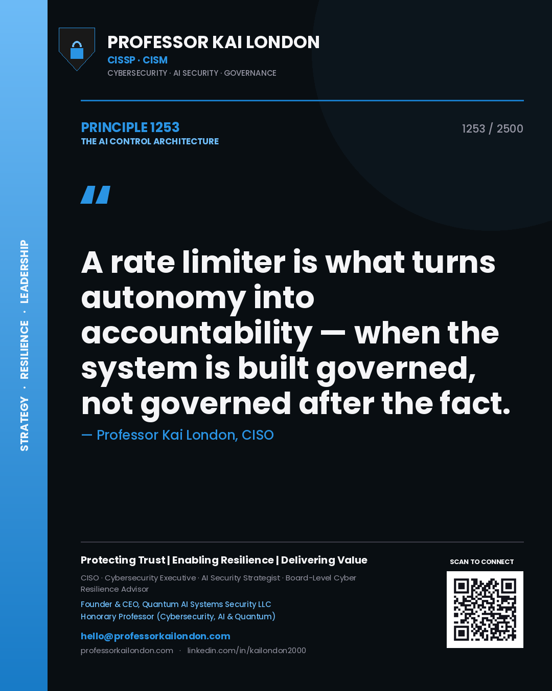 Professor Kai London principle 1253: A rate limiter is what turns autonomy into accountability — when the system is built governed, not governed after the fact.